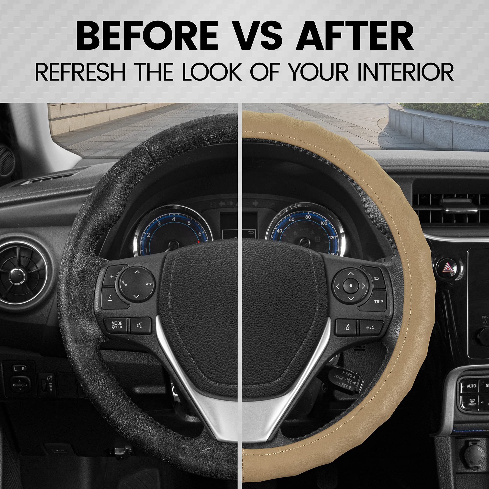 BDK Genuine Beige Leather Steering Wheel Cover for Car, Small 13.5-14 inch - Ergonomic Comfort Grip for Men & Women, Car Steerin