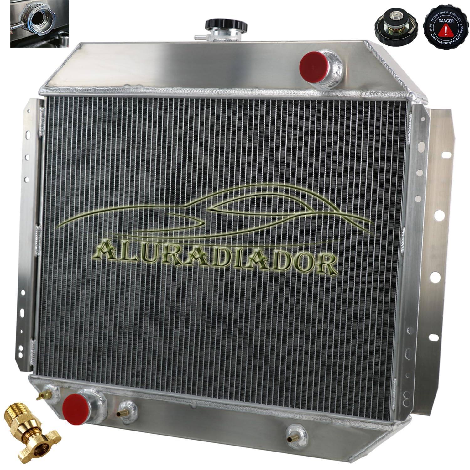 Radrace 4 Row Aluminum Radiator Shroud Fan Relay For 1966-1979 67 Ford F100 F150 F250 F350 Bronco Truck 1975 1976 1977 1978 1979 68 69 70 71 72 73 74