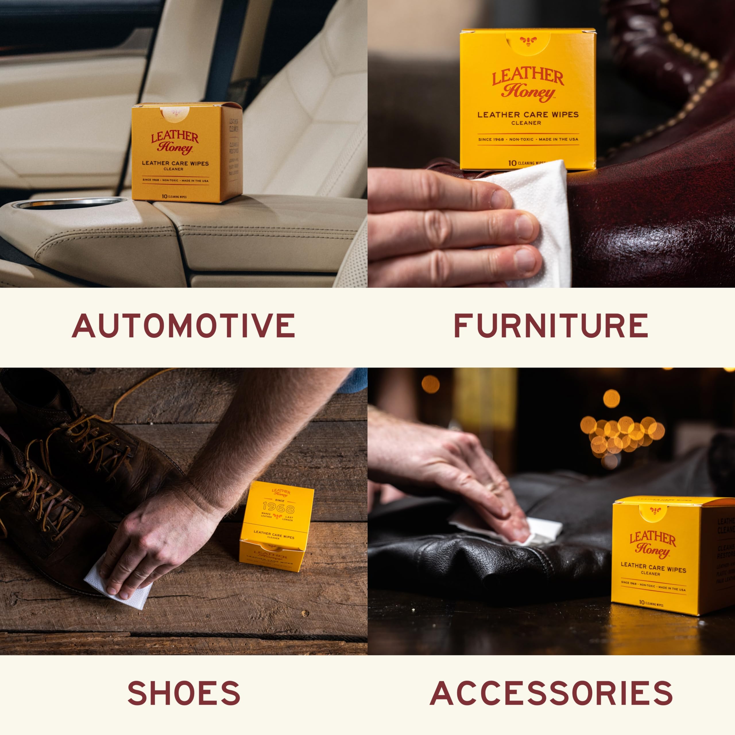 Leather Honey Leather Cleaner Wipes - 10 Non-Toxic On-the-Go Cleaning Wipes for Leather, Vinyl & Faux - Safe for All Colors