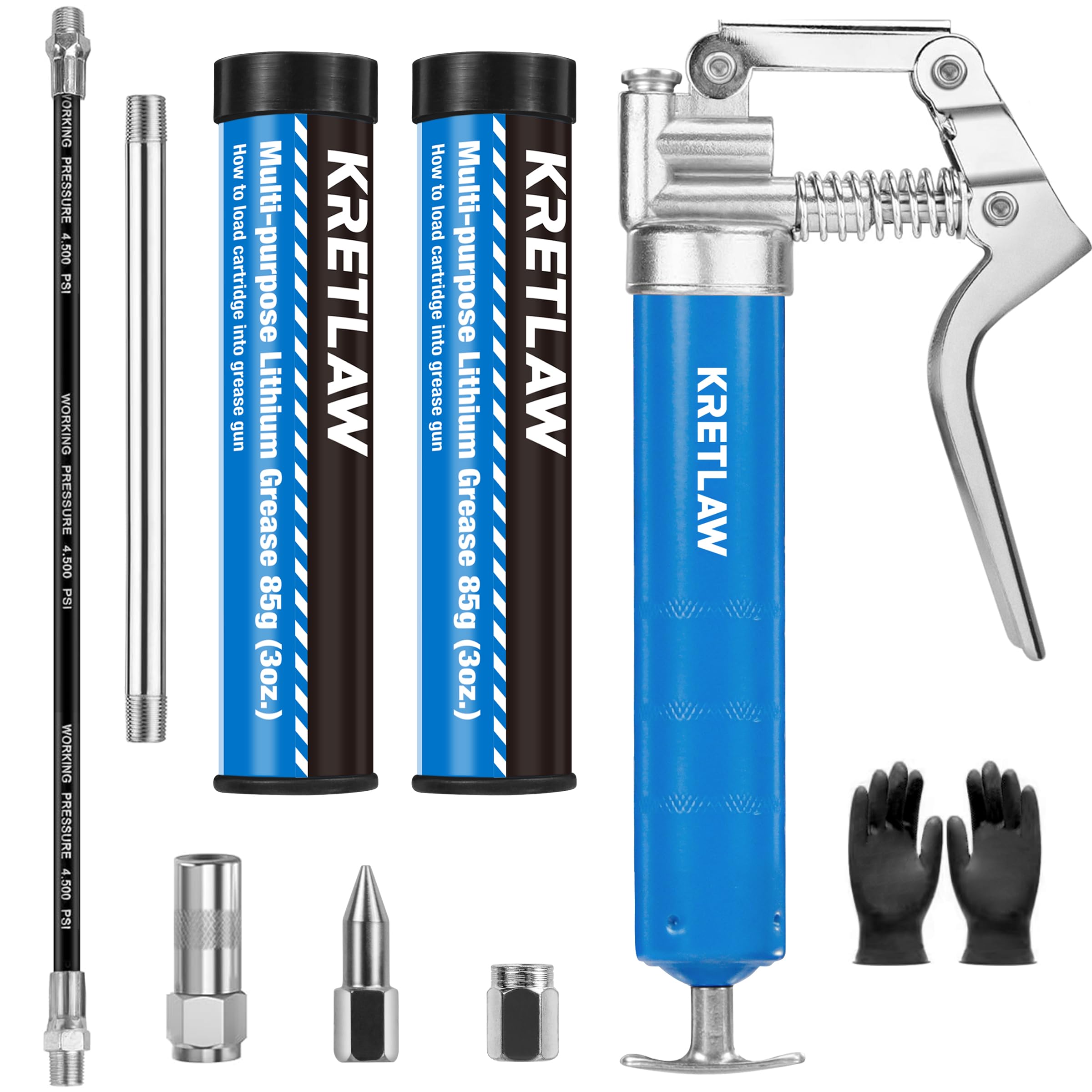 Kretlaw Mini Grease Gun (3000Psi) With Double 3Oz Cartridge Grease And 12'' Flex Hose, Reinforced Coupler For Automotive,Marine