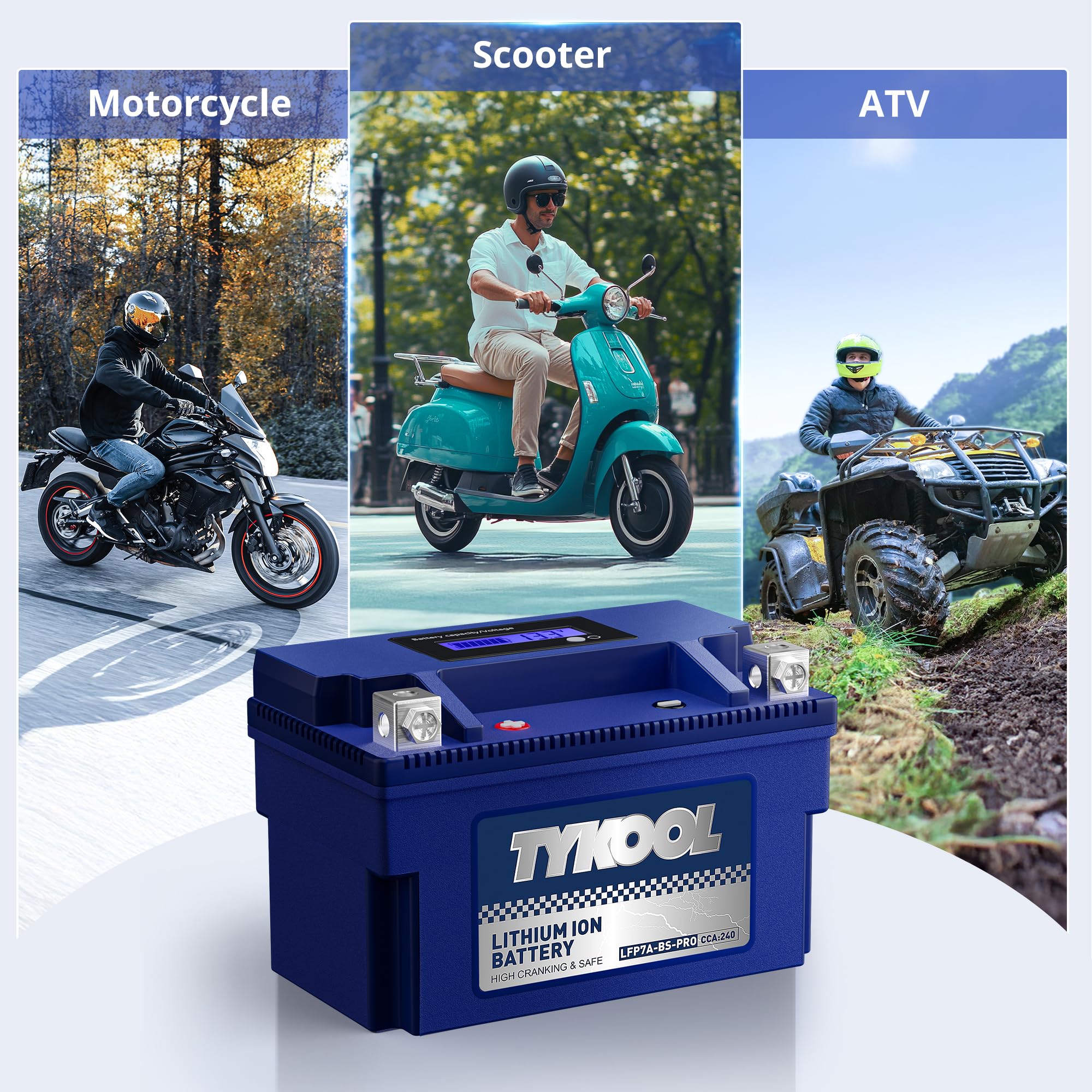 TYKOOL YTX7A-BS-PRO 12.8V 4Ah Lithium Powersports Battery - 240CCA, Smart BMS, Compatible with Motorcycle, ATV, UTV,