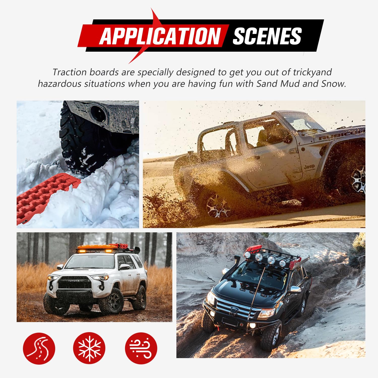 FIERYRED Offroad Traction Boards - 2Pcs Recovery Tracks, Nylon, Red, Model RTK-UFA, Includes 2 Leashes & Carry Bag for Sand, Mud, Snow