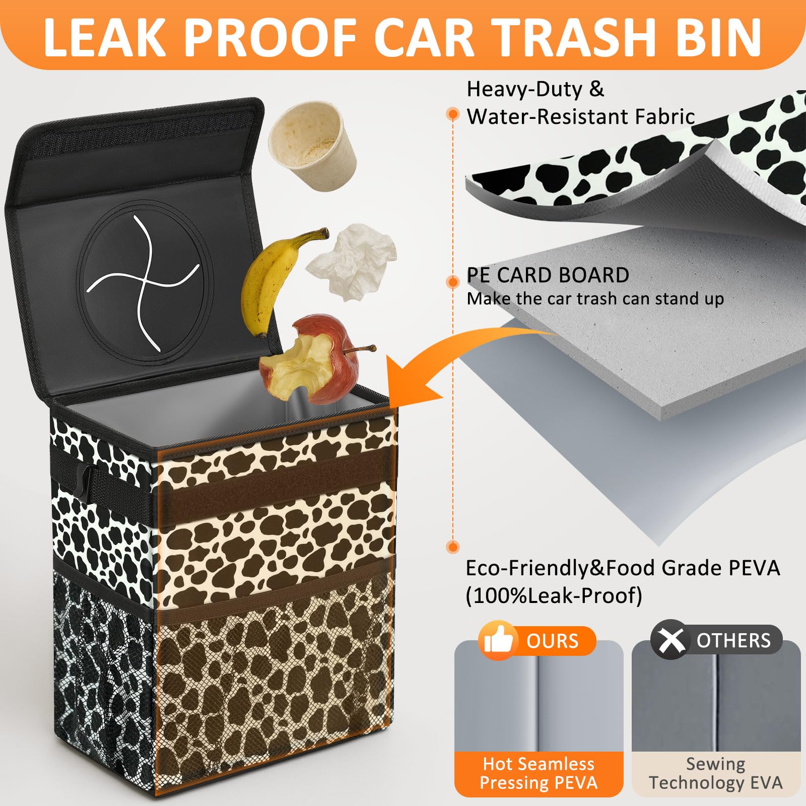 Vankor 3 Gallons Car Trash Can With Lid, Car Bag Bin Hanging Waterproof Automotive Garbage Cans Leak Proof Vehicle Trash Can Cow