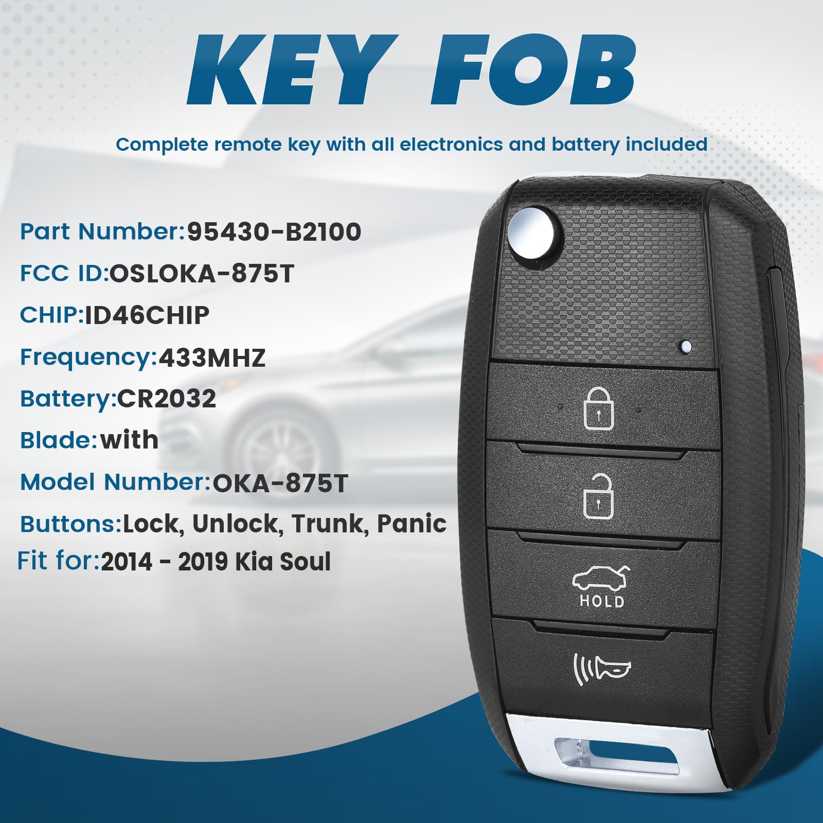 Keyecu Replacement Smart Remote Car Key Fob for Kia Soul 2014-2019 OSLOKA-875T 95430-B2100 433MHz ID46Chip 4Buttons SUV