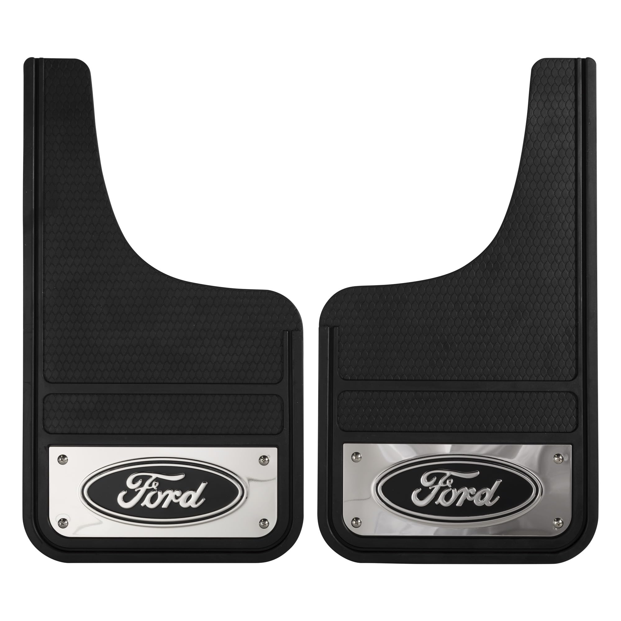 Plasticolor 001837R01 Ford Oval Chrome Plated Heavy-Duty Black Front 12 X 22 Mud Guard Set