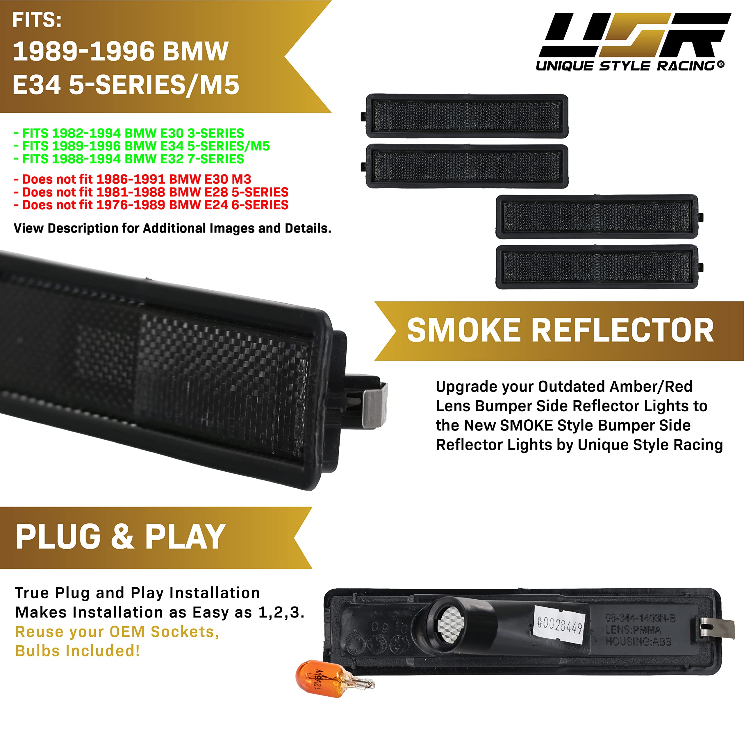 USR UNIQUE STYLE RACING DEPO E30 Side Marker Lights - Euro Smoke, 4 Pieces, Compatible with 1984-1991 BMW E30, E32, E34