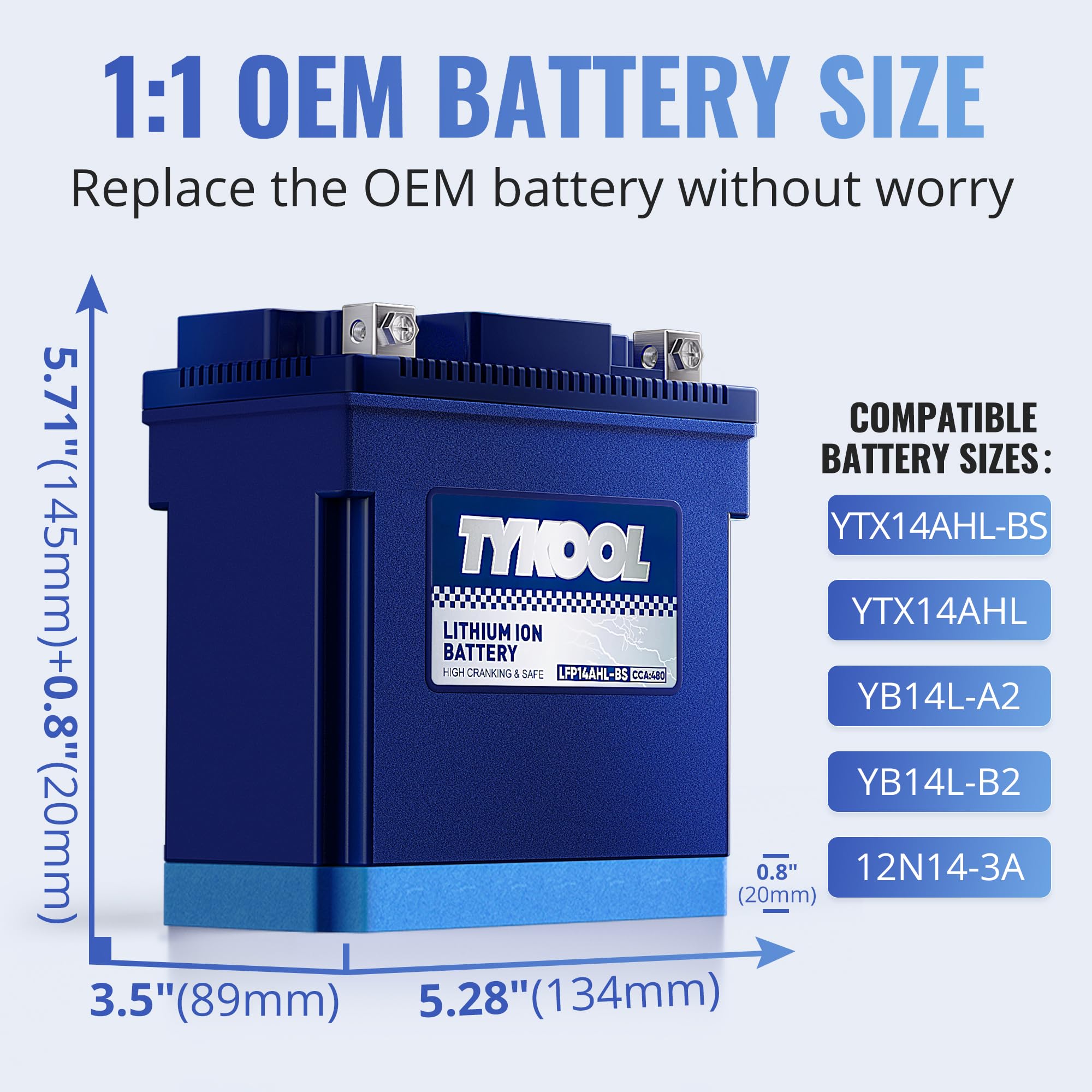 TYKOOL YTX14AHL-BS LiFePO4 Motorcycle Battery 12.8V 8Ah 480CCA Fast Charging, 3X Cranking Amps, Fits ATV,