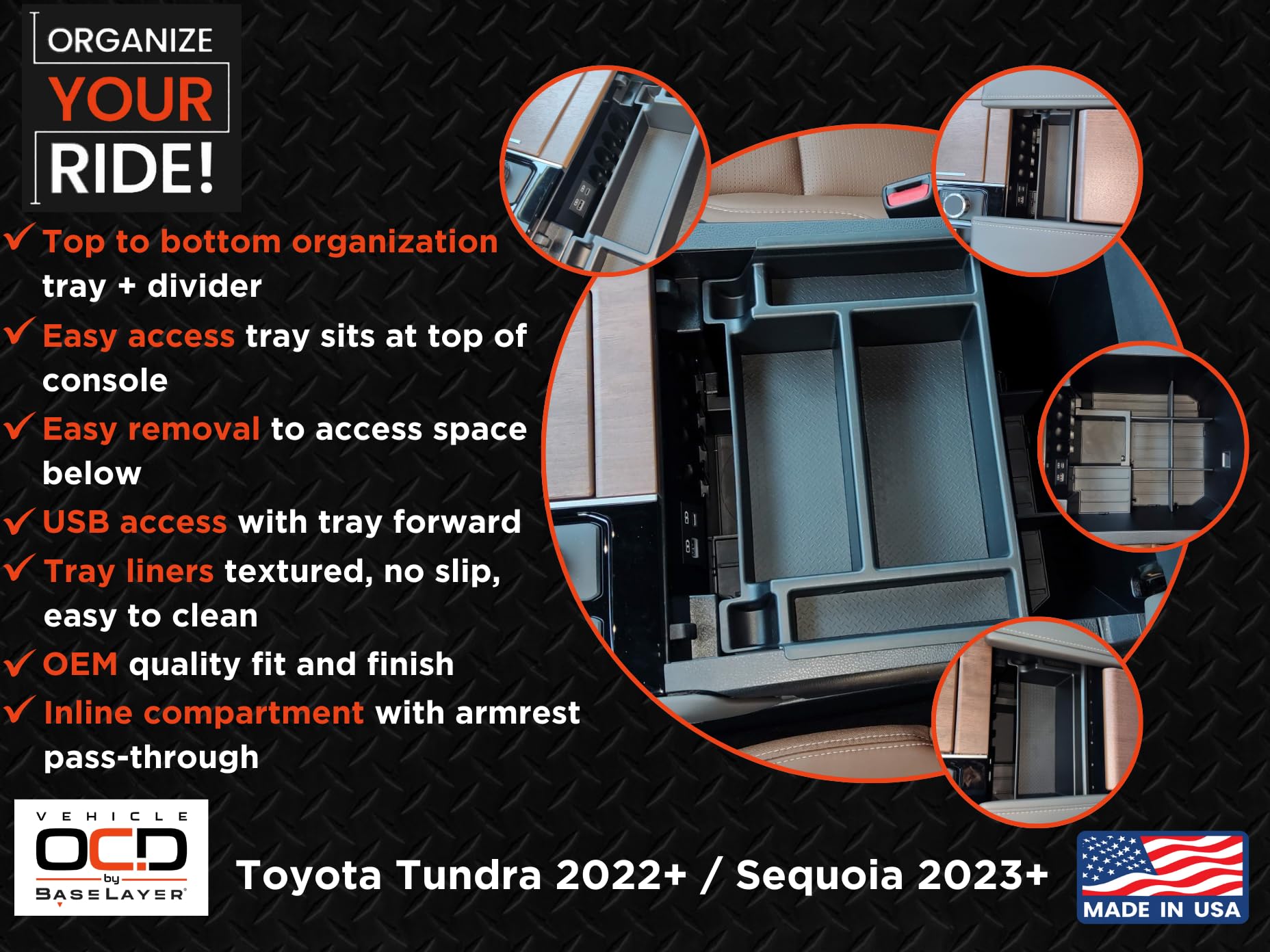 Vehicle OCD Center Console Organizer Tray for Toyota Tundra/Sequoia, Black, SLX184, Made in USA, 2022-2026, Not Compatible with Center Console Safe