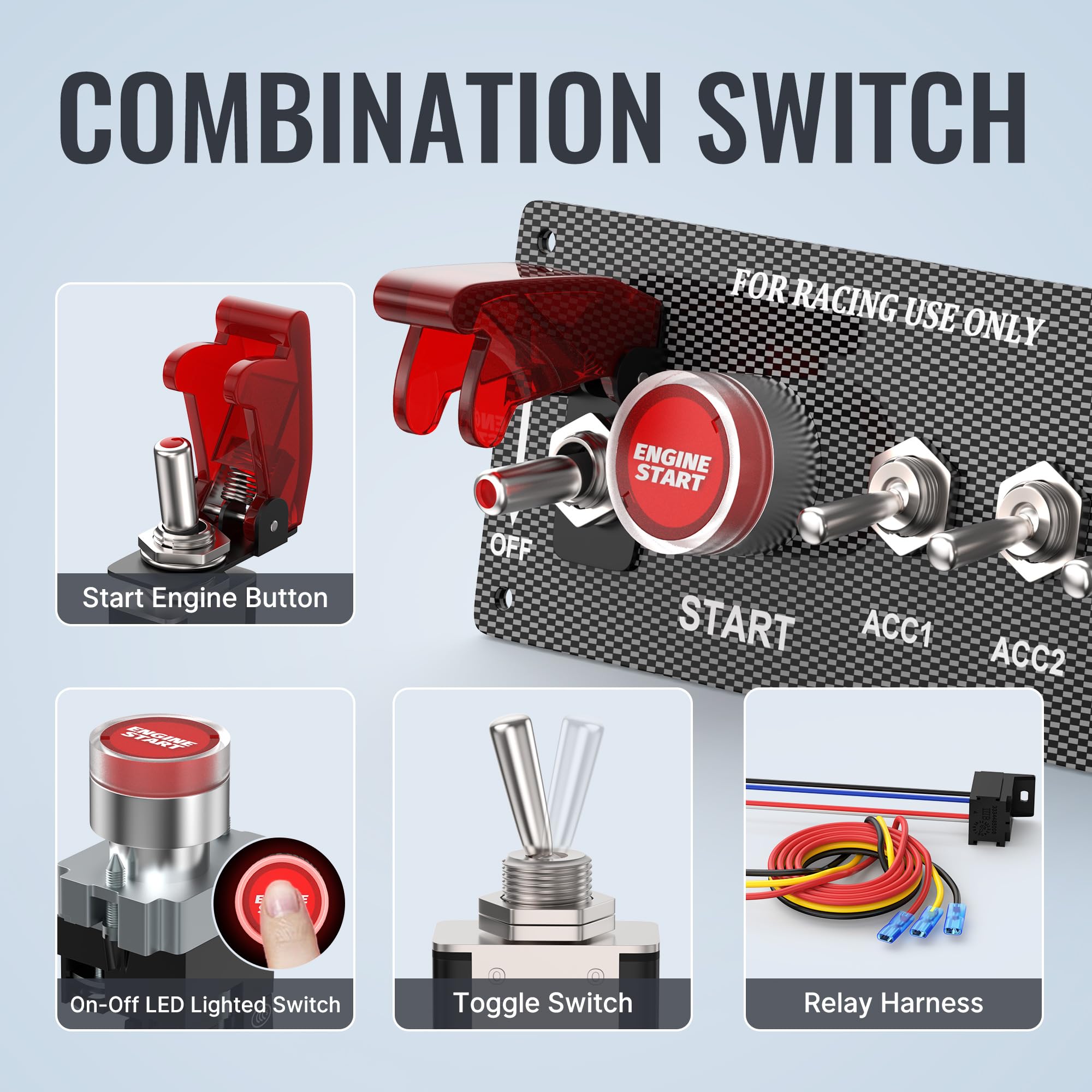 RVBOATPAT 5 in 1 Ignition Switch Panel, DC 12V 30A, Plastic, Model PN-SAC5, Toggle Switch for Boats, Race Cars, Trucks