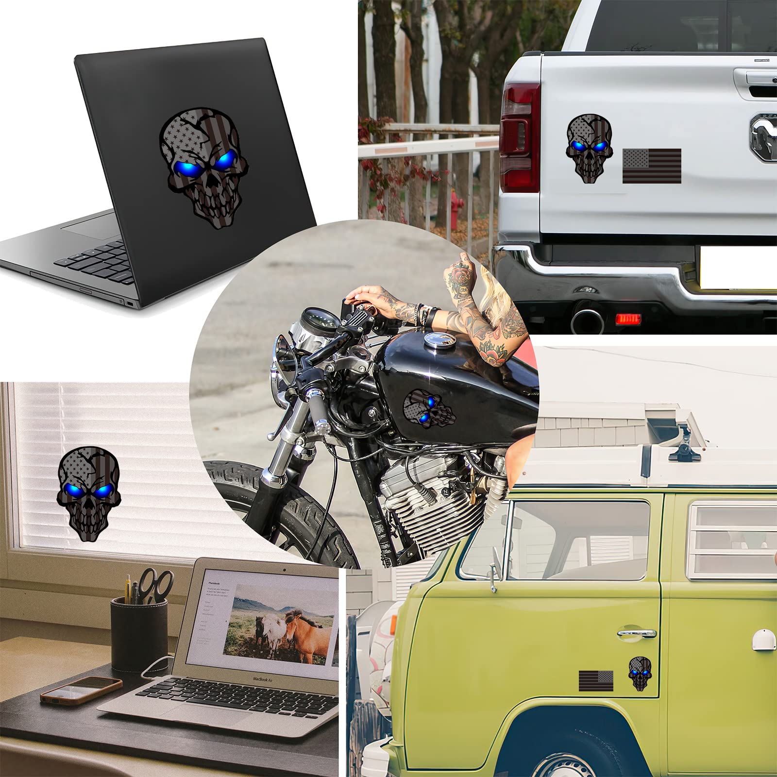 NIUBIPRO 2 Pack Skull Decals - 5.1" Black Reflective Vinyl Stickers for Cars, Trucks, Laptops - UV Fade Resistant