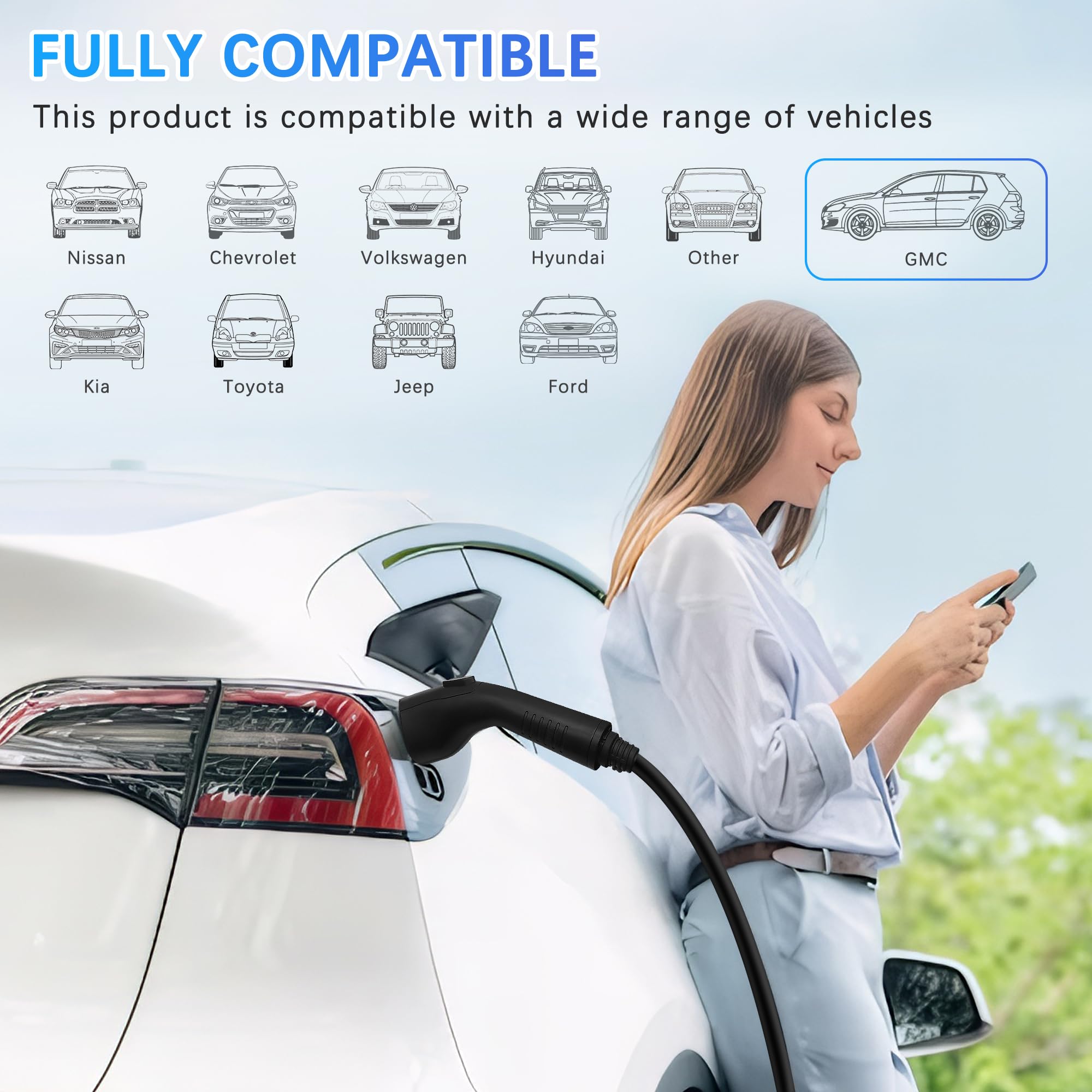 Level 1&2 EV Charger, 16Amp, Portable Charger for Home/Outdoor, 25FT Cable 110V-240V, J1772 Electric Cars, Charging Stations, Cu