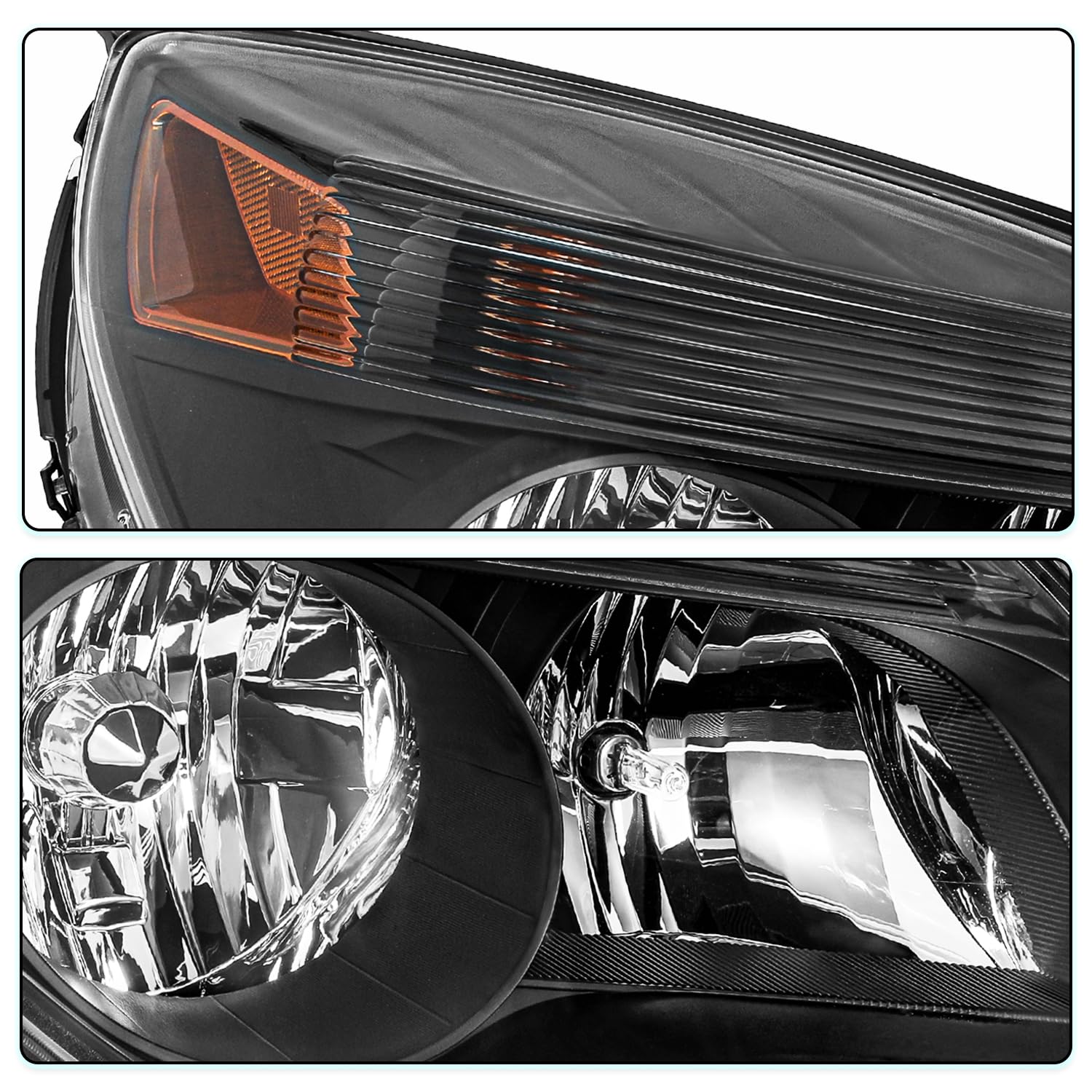 Tusdar Headlight Assembly Fit 2010-2015 Chevy Equinox Halogen Type Headlamp W/Bulbs Passenger & Driver Side Black Housing With Amber Reflector