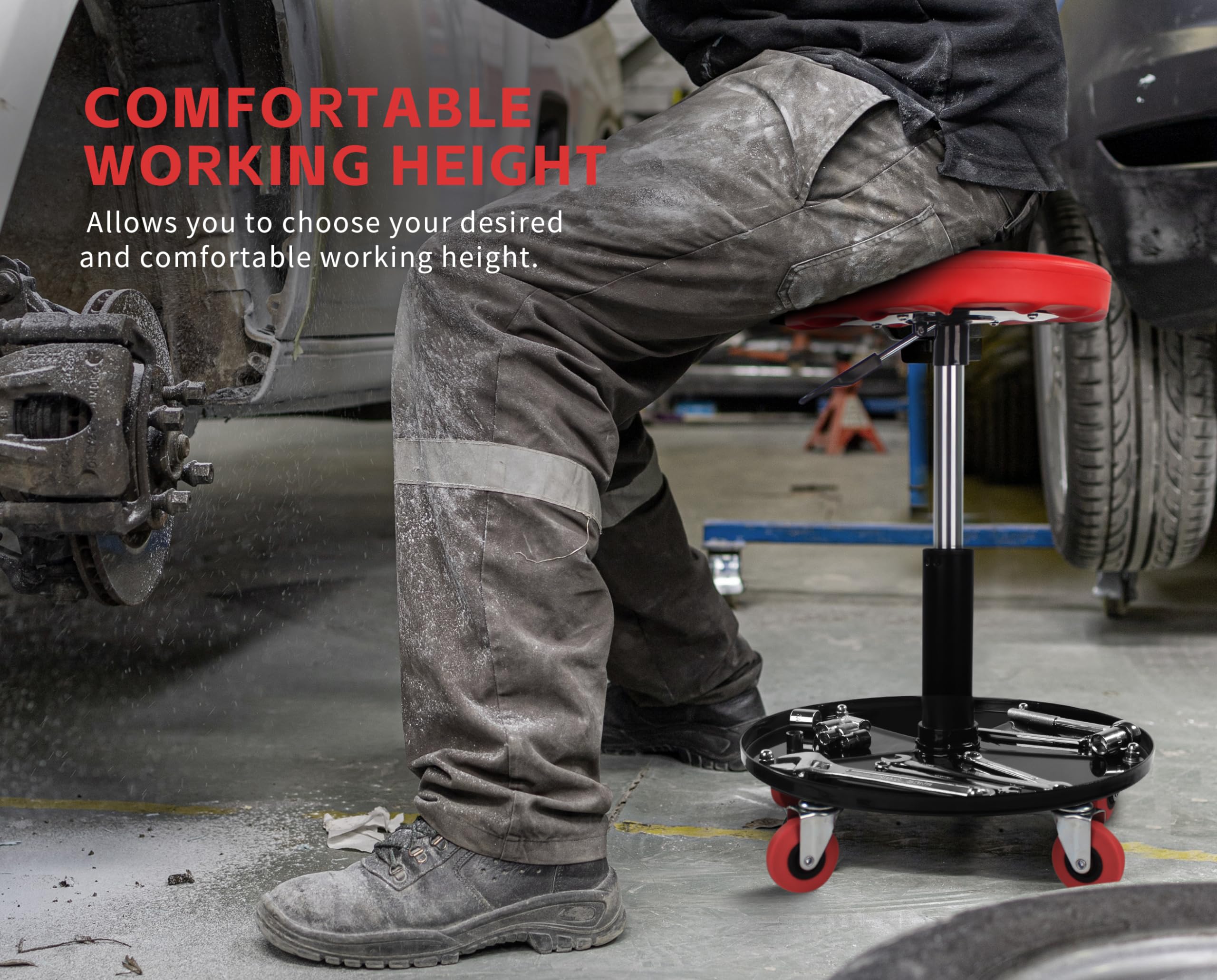 MaxWorks Pneumatic Roller Seat, Adjustable Height, 300 lb Capacity, Steel, Red and Black, Model 80771