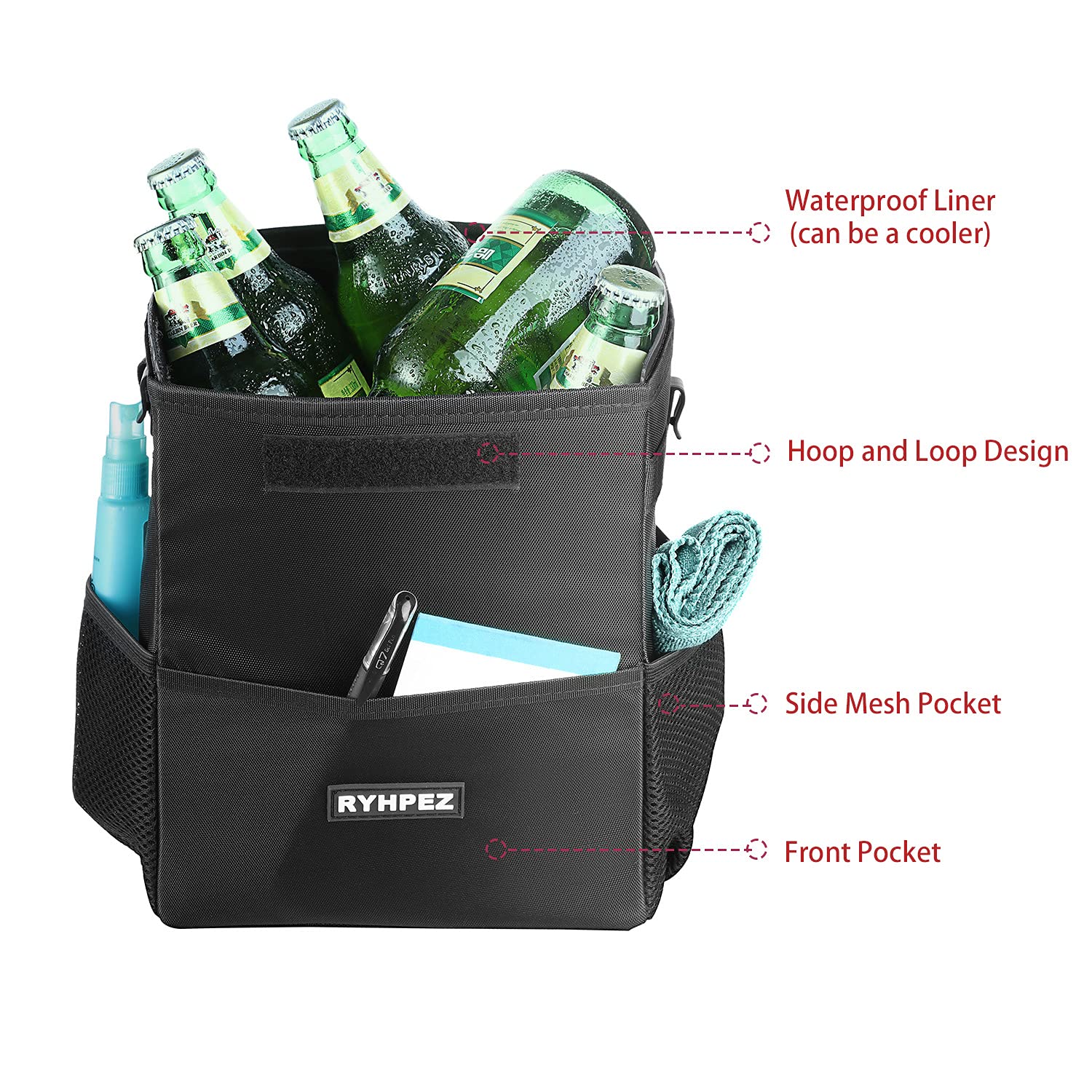 Ryhpez Car Trash Can - Large Leakproof Nylon Bag with Lid & Storage Pockets, Black, Model LJT21G05_01_eo