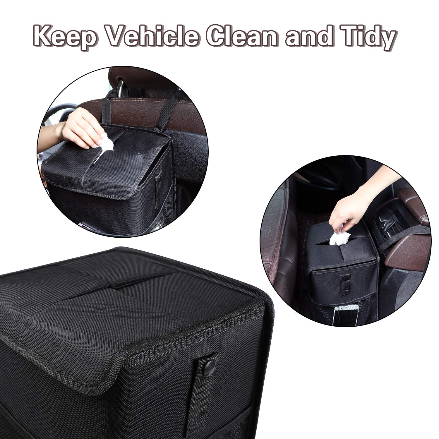 Powertiger Car Accessories Hanging Car Trash Can Bin - Car Garbage Cans Bag With Lid & 3 Mesh Storage Pockets 2.64 Gallon