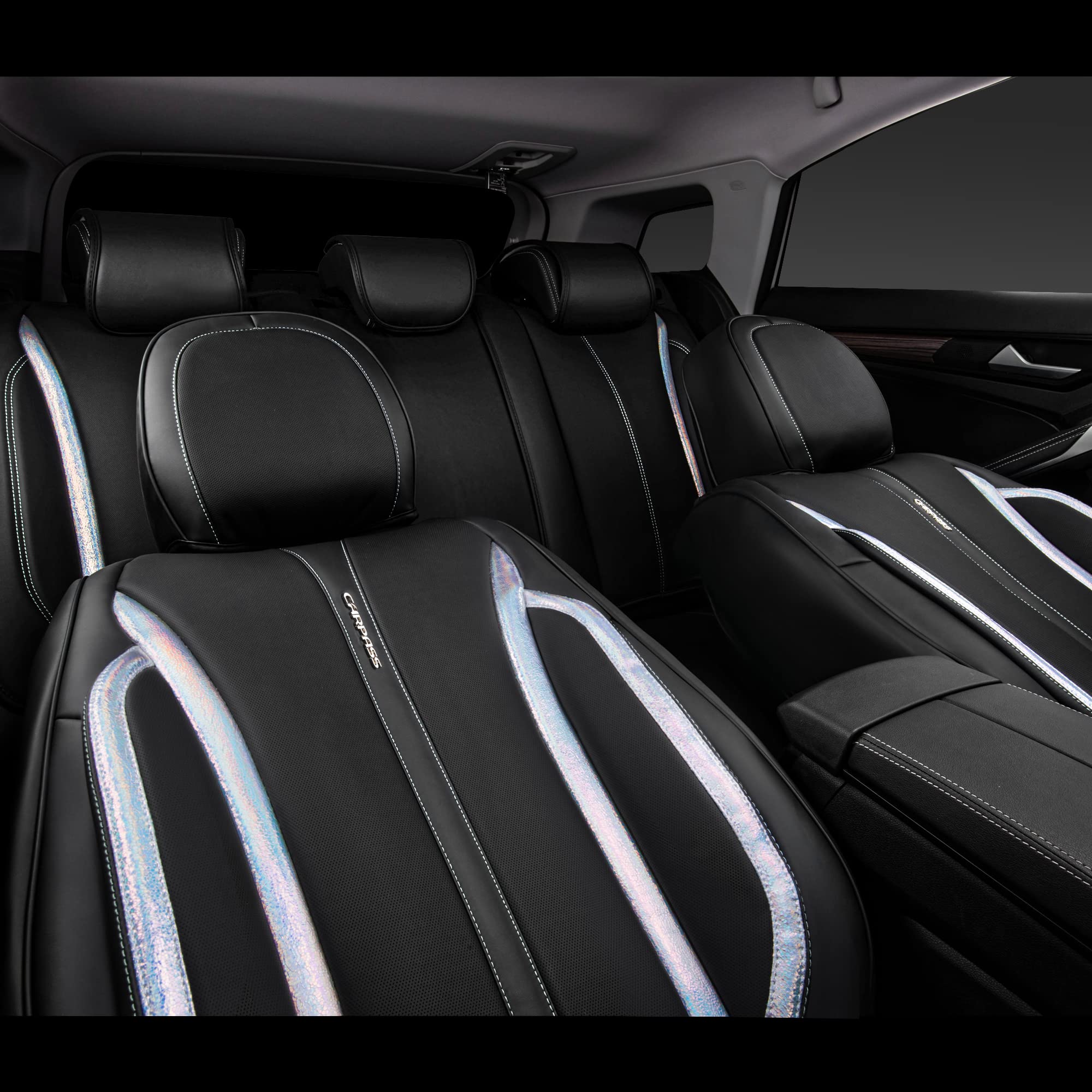 CAR PASS Nappa Leather Car Seat Covers - Waterproof, Cushioned, Universal Fit for SUV/Truck - Black Silver Strips, Model SJ005T2-WT9BL-PUQB2NH22
