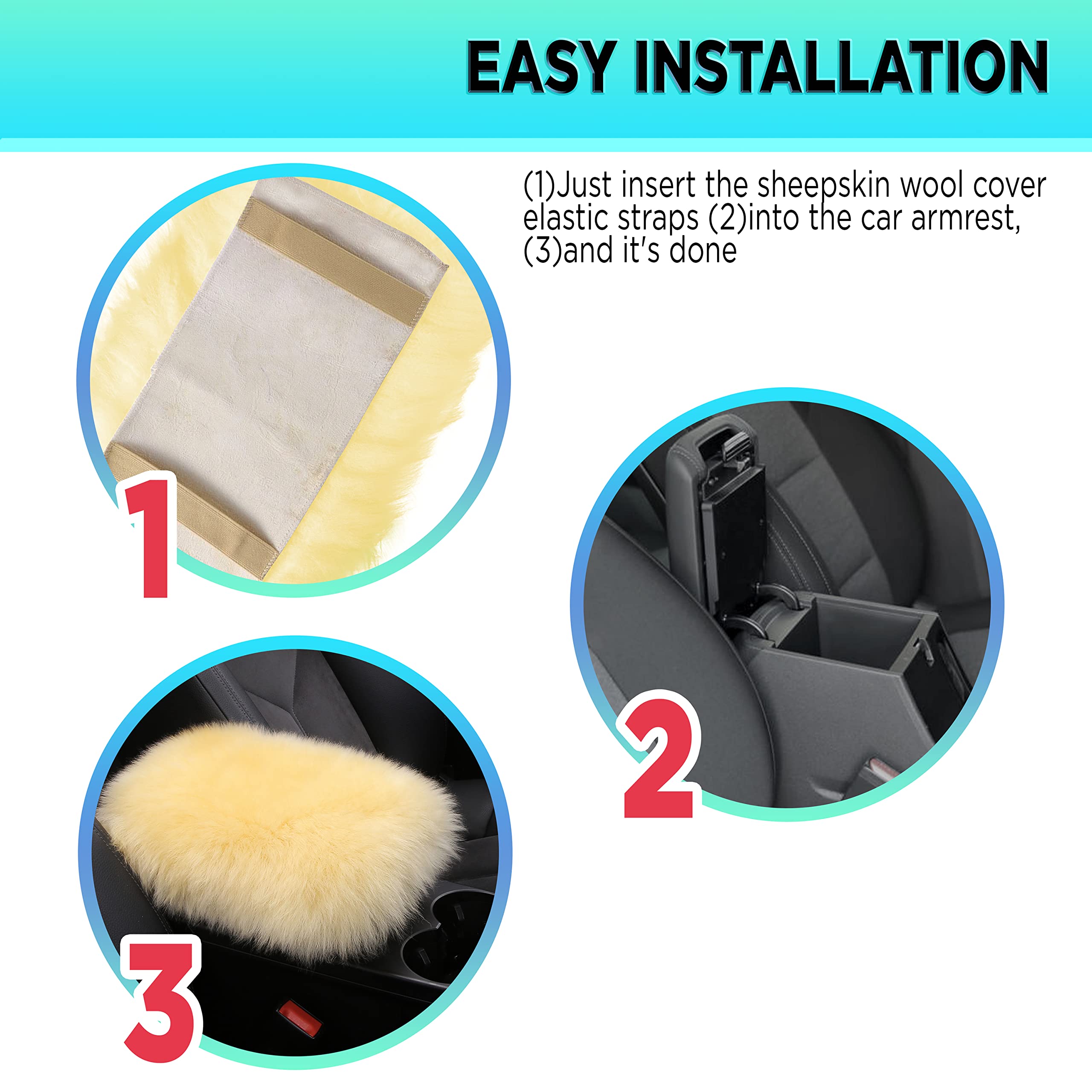 Andalus Brands Pure Australian Sheepskin Fluffy Car Center Console Cover, Luxurious Non-Shedding Furry Arm Rest Cover For Car, V