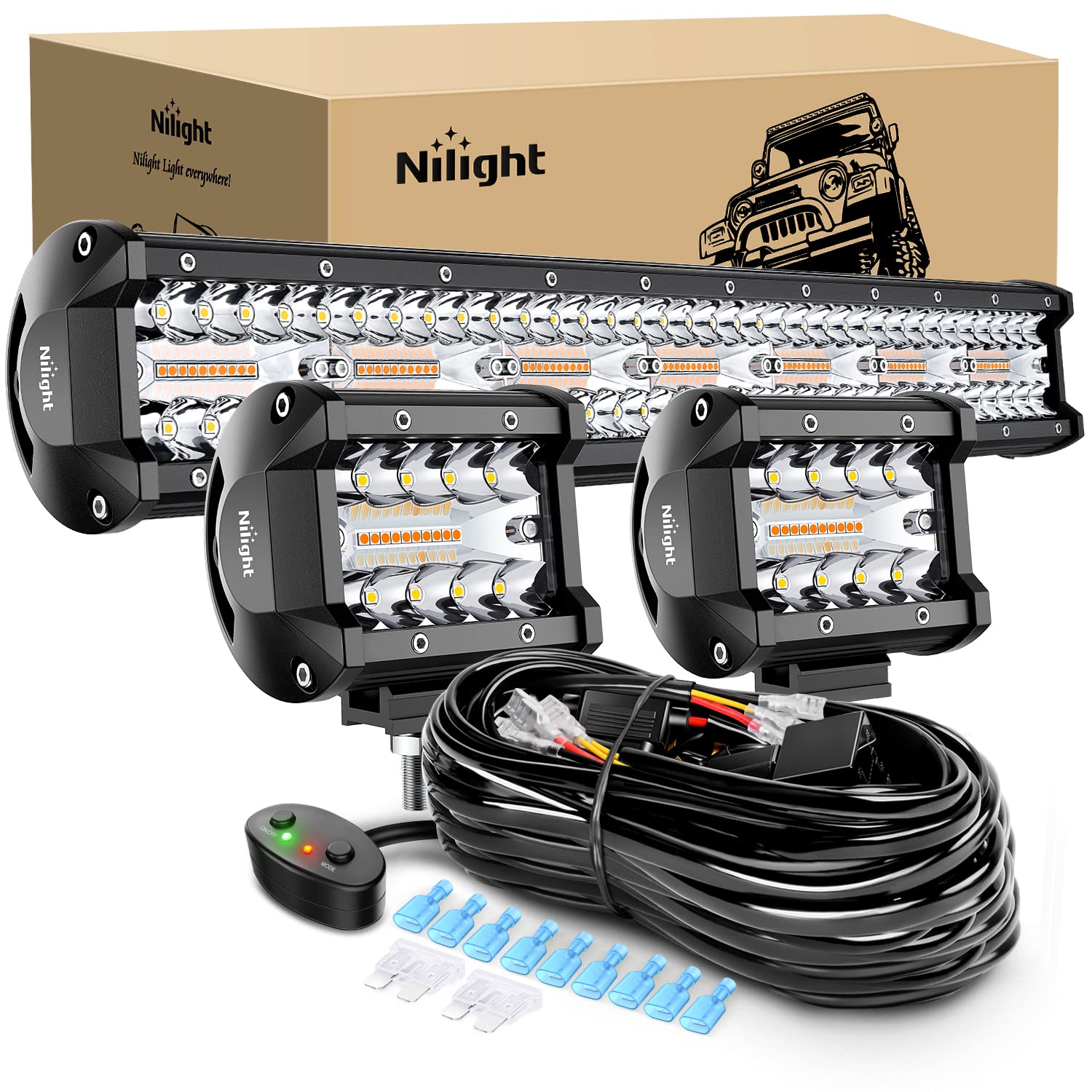 Nilight 20Inch 420W Led Light Bar 2Pcs 4Inch 60W Light Pods Amber White Strobe 6 Modes Memory Function Reset Function Off Road T