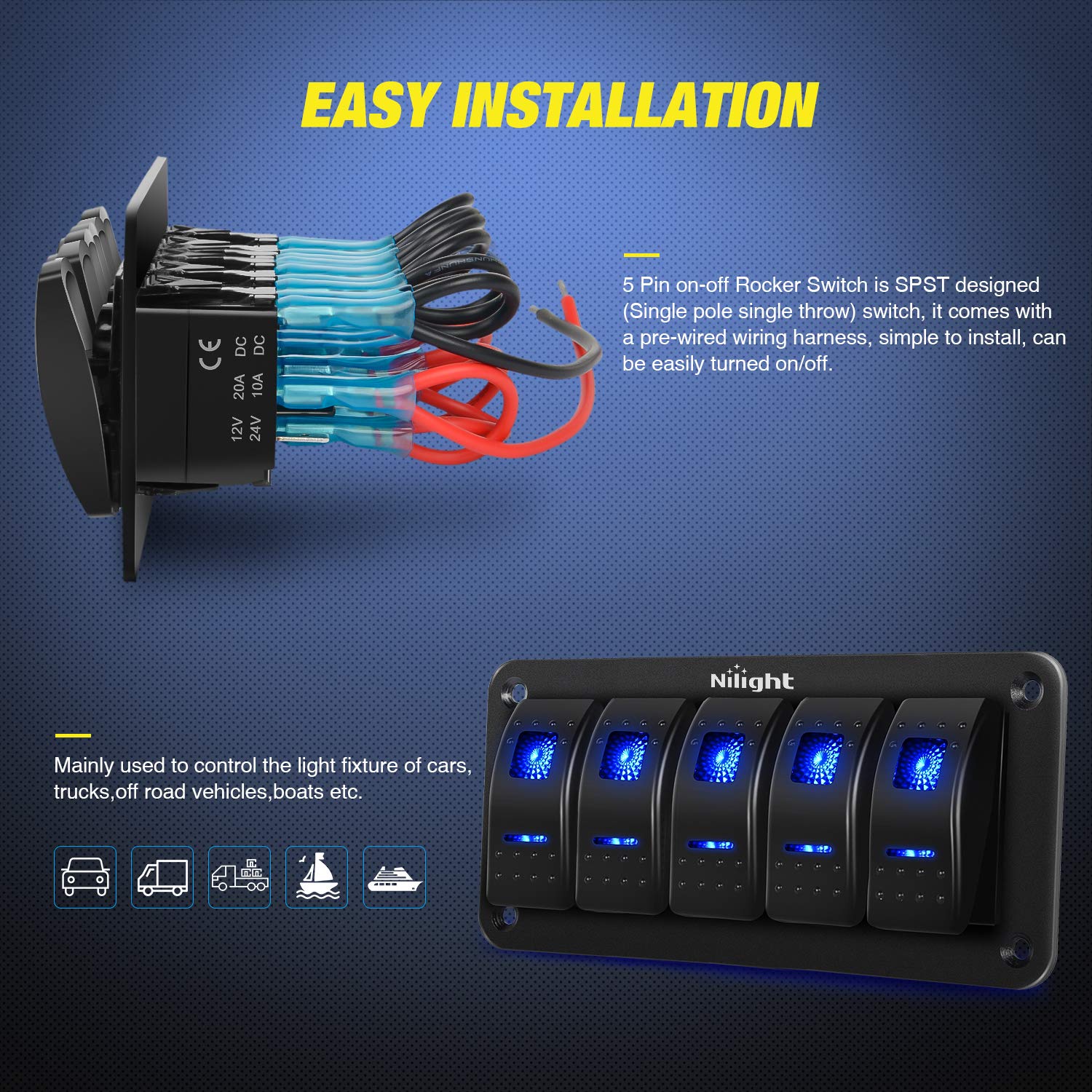 Nilight - 90110E 5 Gang Aluminum Rocker Switch Panel Toggle Dash 5 Pin On/Off Pre-Wired Rocker Switch Blue Backlit Switch For Au