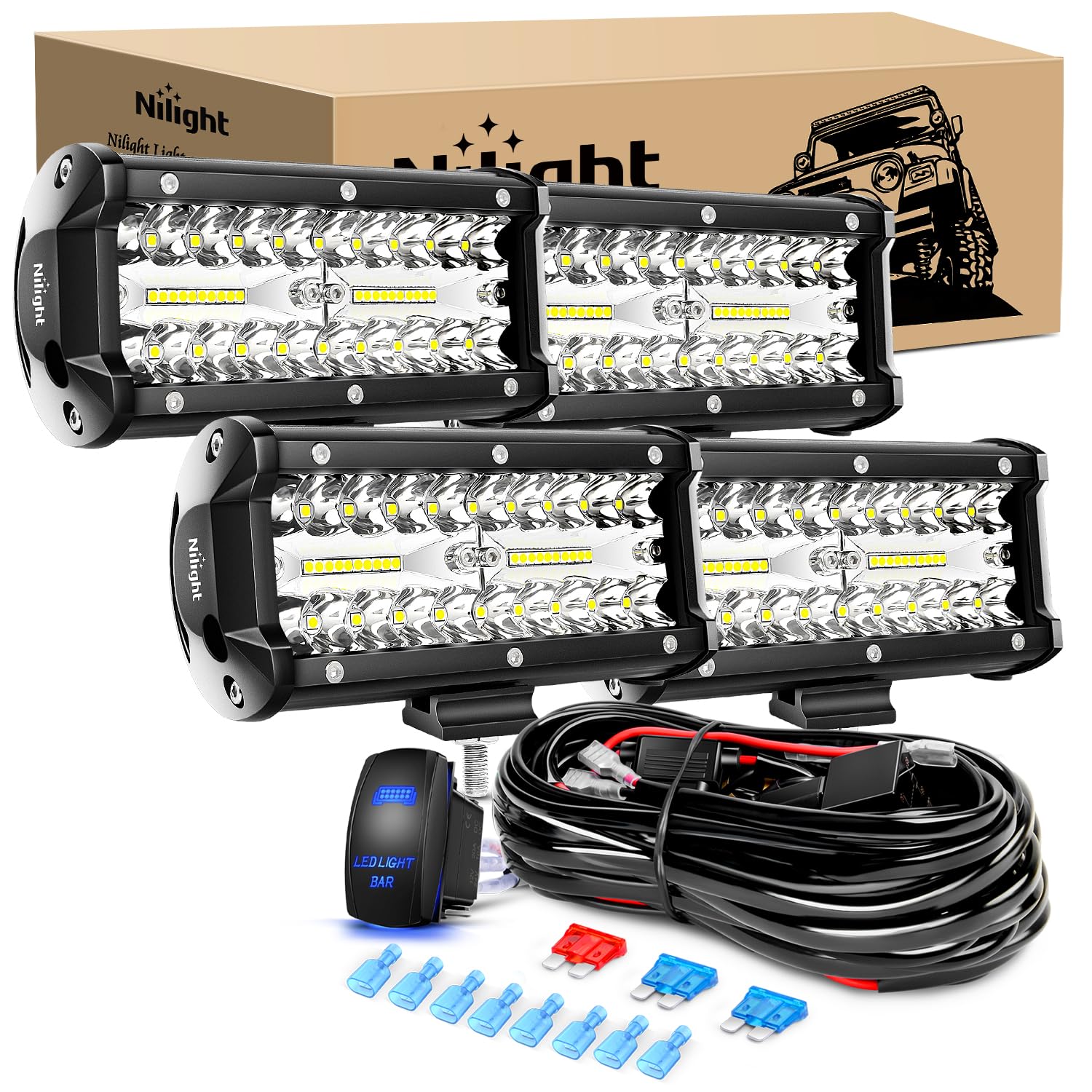 Nilight Led Pods 4Pcs 6.5 Inch 120W Light Bar Triple Rows Spot Flood Combo Driving Lights 5Pin Rocker Switch Wiring Harness Kit-