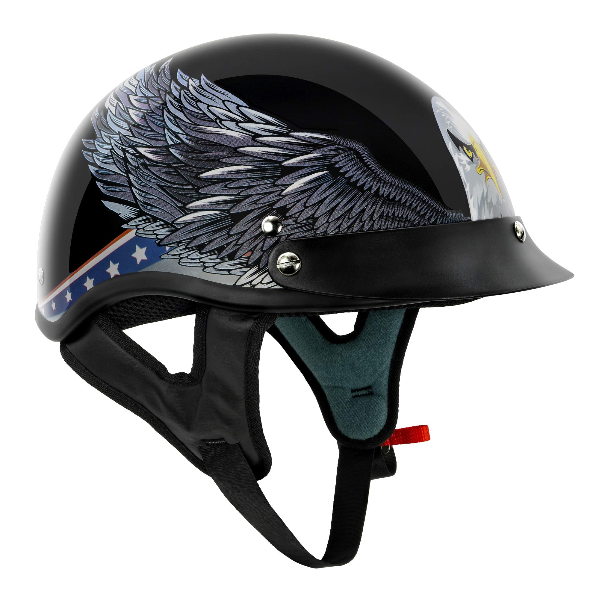 VCAN Cruiser Motorcycle Half Helmet, Gloss Black EAGLE, X-Large, Model V505EAG25, Durable ABS Material, Patriotic USA Graphics