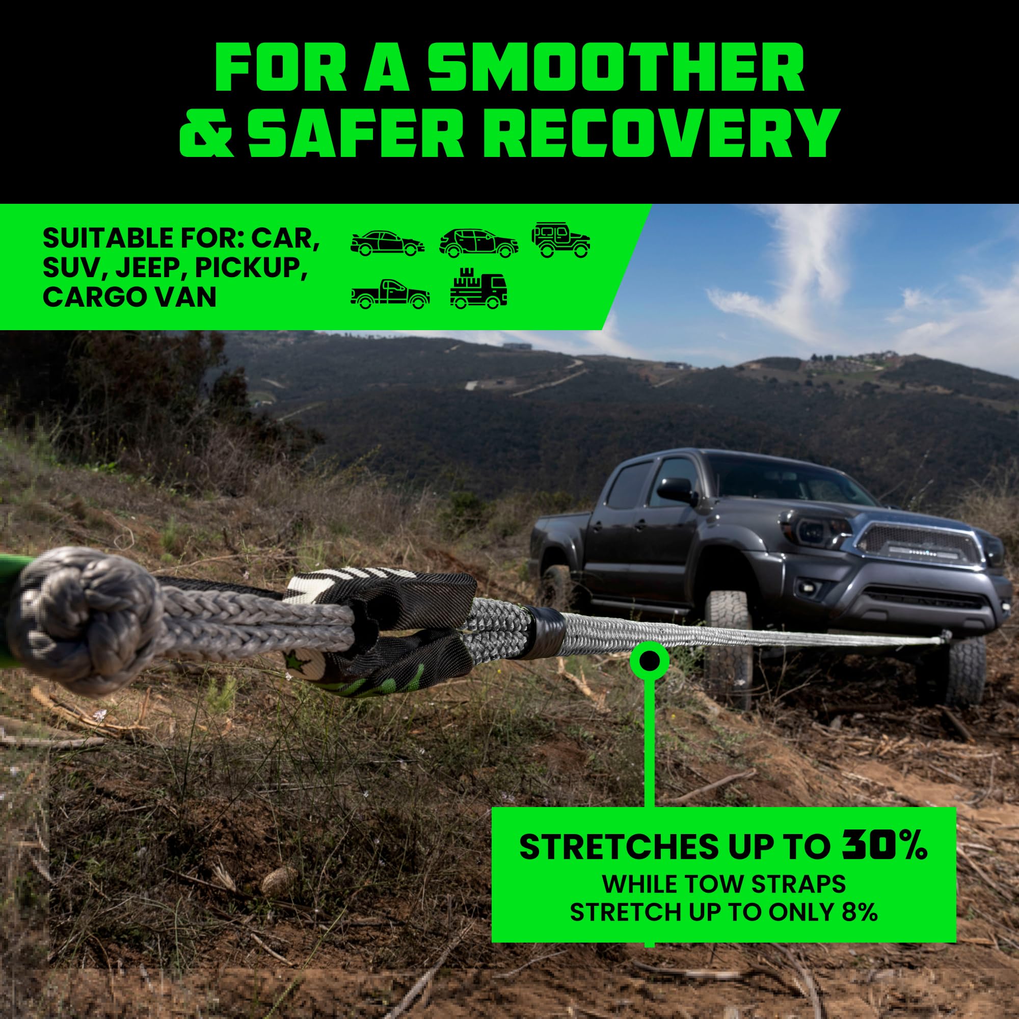 Rhino USA Kinetic Recovery Tow Rope Heavy Duty Offroad Snatch Strap for UTV, ATV, Truck, Car, Tractor - Ultimate Elastic Straps