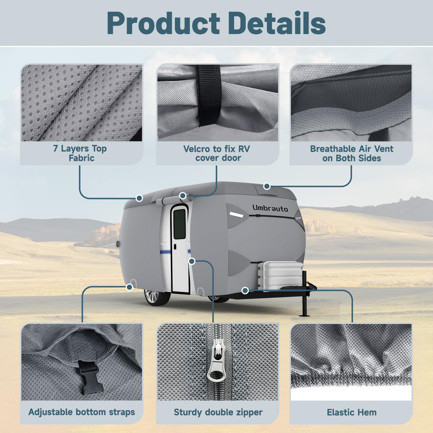 Umbrauto Fiberglass Travel Trailer Cover, 7-Layer RV Cover for 8-10FT Trailers, Windproof Strap, Adhesive Repair Patches