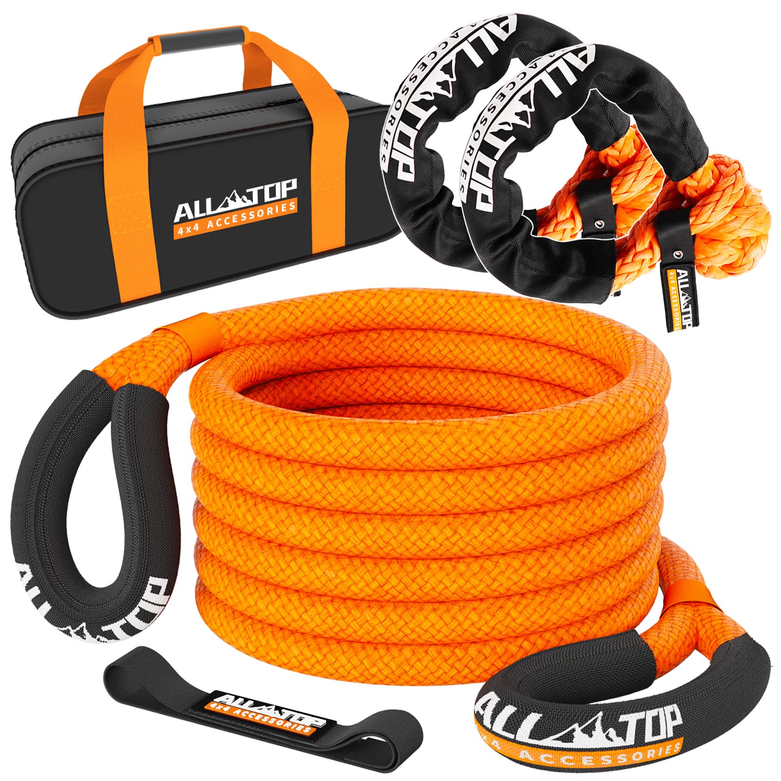 All-Top Kinetic Recovery Rope Kit W/ 2 Soft Shackles, 48000Lbs, 1In X 20Ft, Heavy Duty 30+% Elasticity, 16000Lbs Work Load Limit