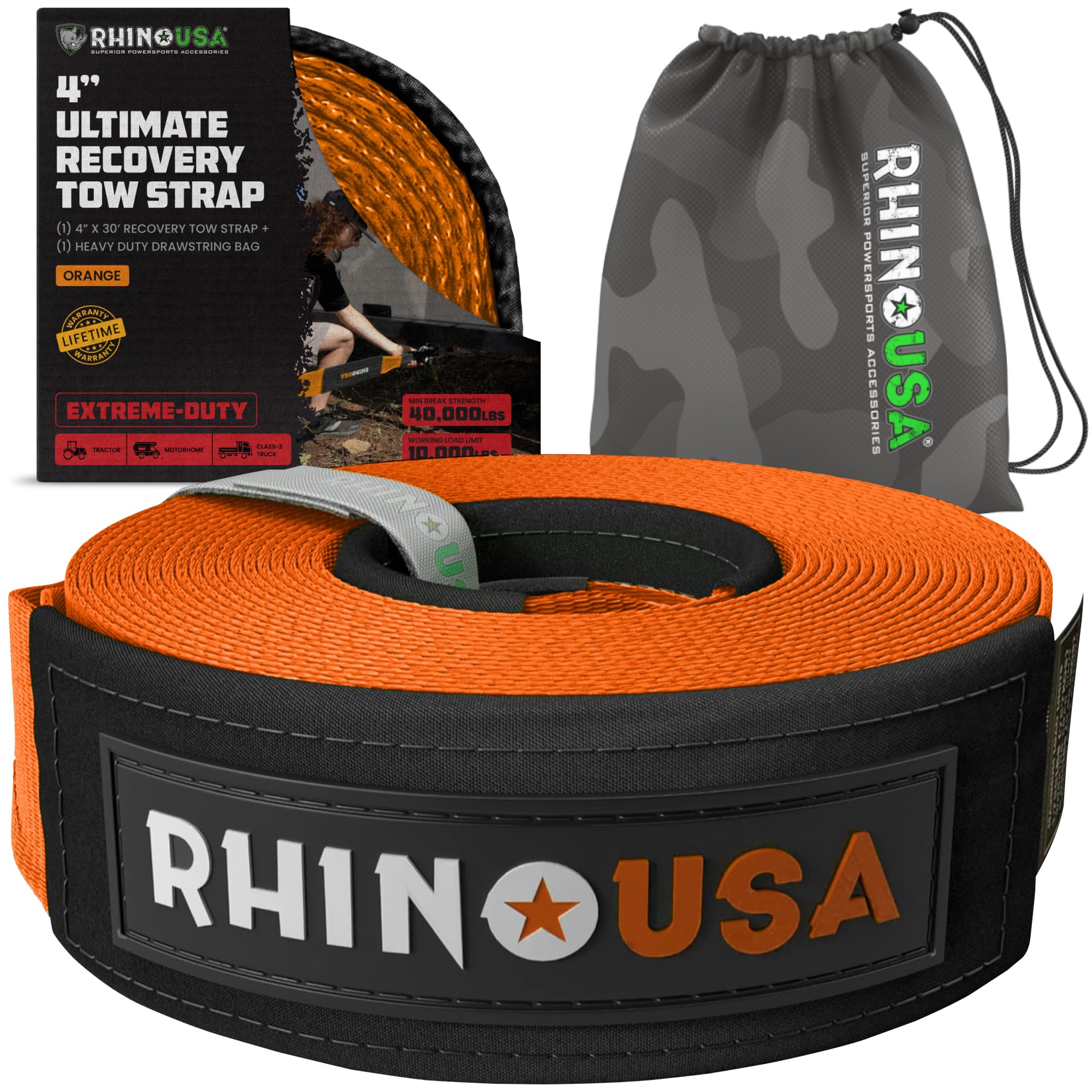 Rhino Usa Recovery Tow Strap (4''X30') - 40,320Lb Break Strength - Emergency Recovery Strap Tow Rope For Diesel Trucks, Backhoe,