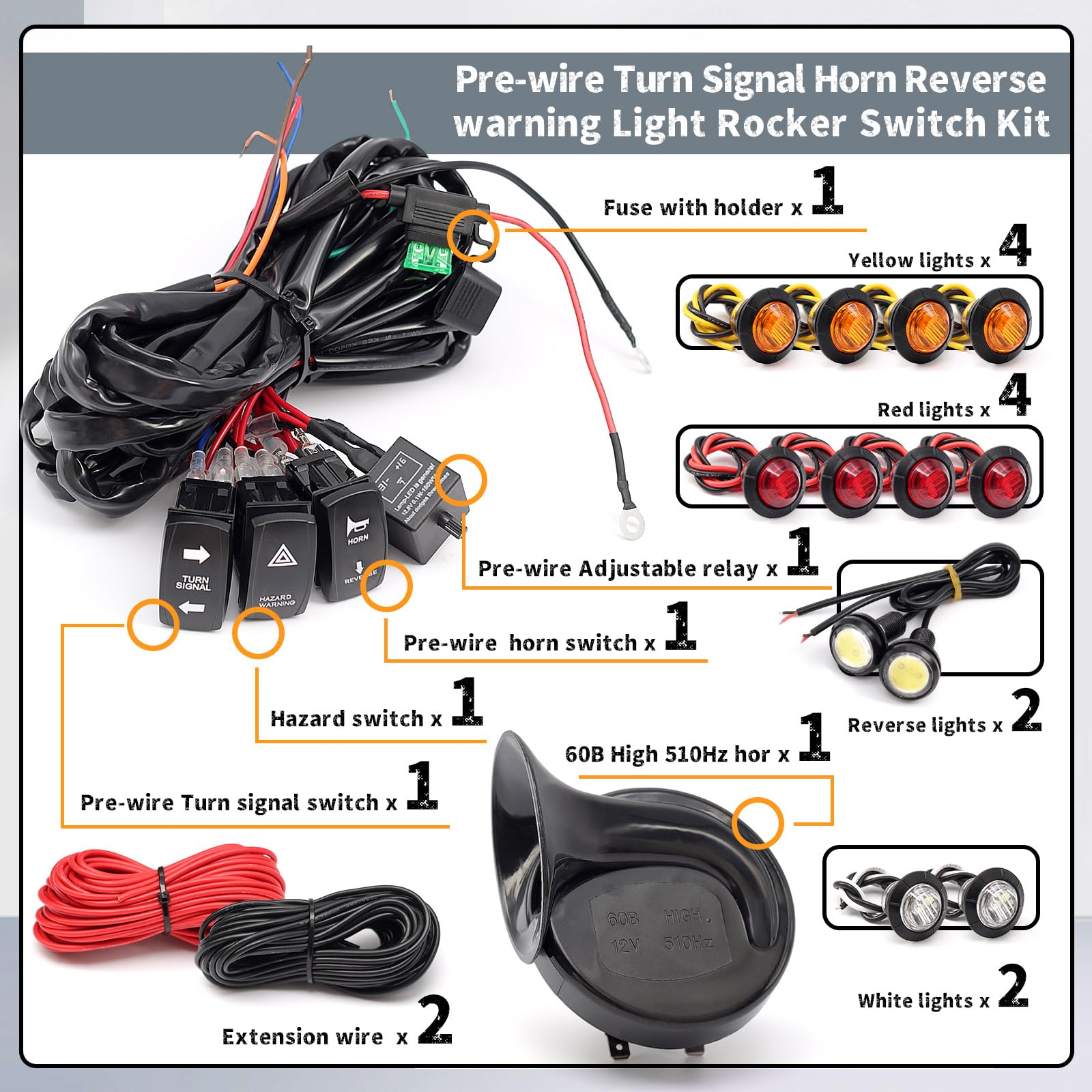 Erchon Pre-Wired Atv Utv Turn Signal Horn Kit,Universal Street Legal Kit Warning Light Rocker Switch Kit With 1Horn Reverse Ligh