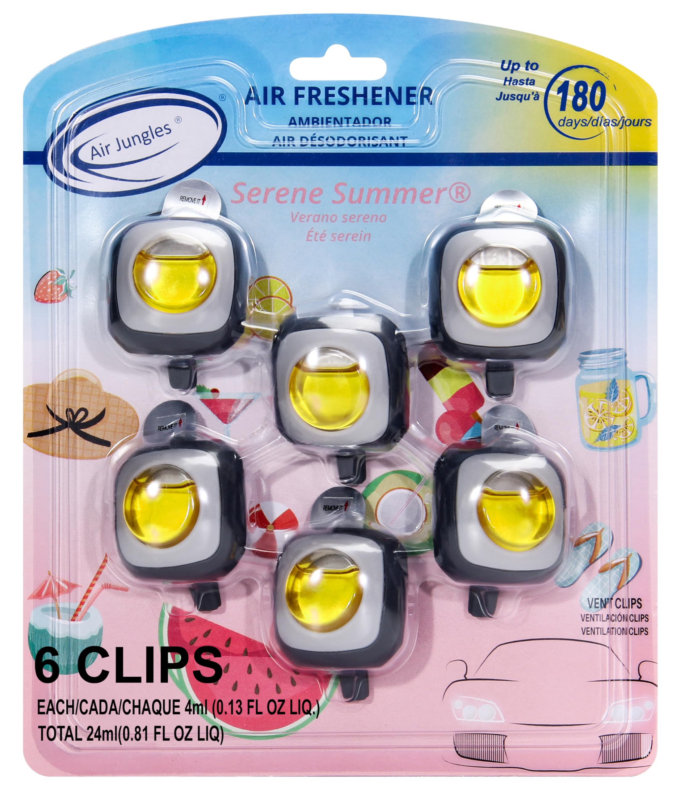 Air Jungles Serene Summer Scent Car Air Freshener Clip, 6 Vent Clips, 4Ml Each, Long Lasting Air Freshener, Up To 180 Days Car R