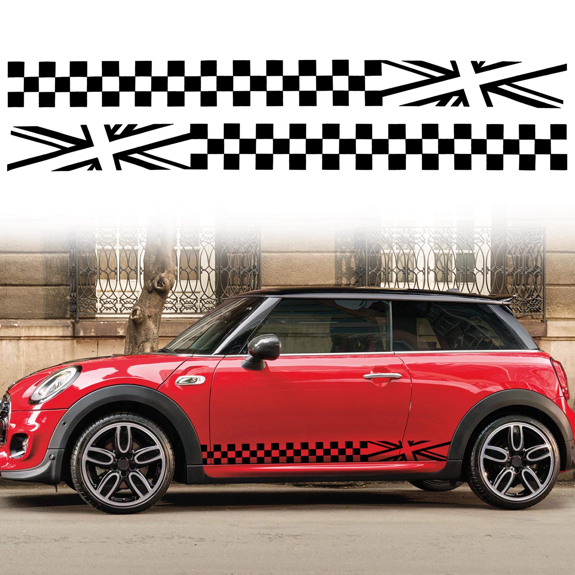 TOMALL 1 Pair 78.7 Car Universal Racing Checkered Flag Side Stripes Decal Compatible with Mini Cooper Vinyl Waterproof Door Si