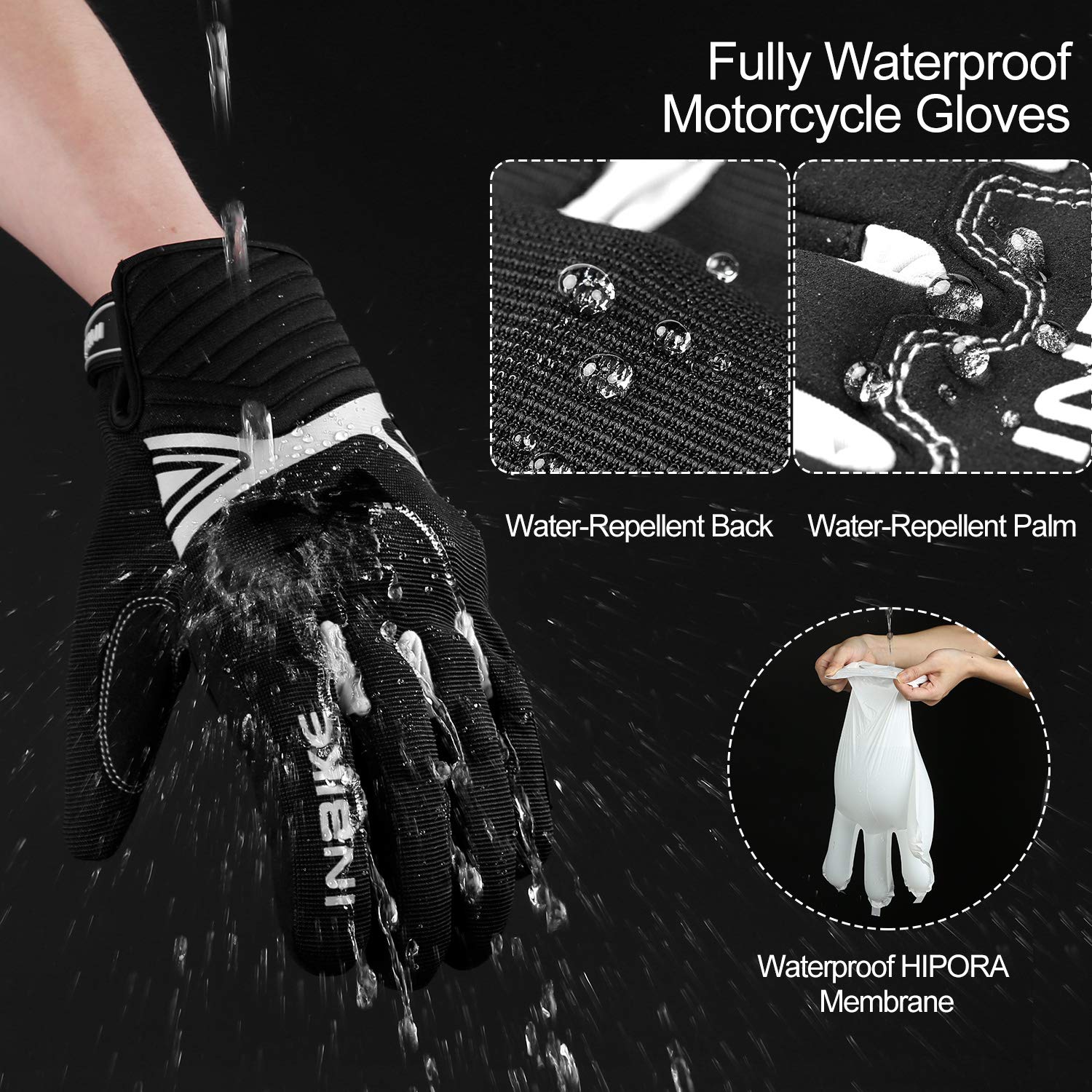 INBIKE Waterproof Winter Motorcycle Gloves, Thermal Fleece, Touchscreen, Large, White, TPR Palm Pad, Hard Knuckle