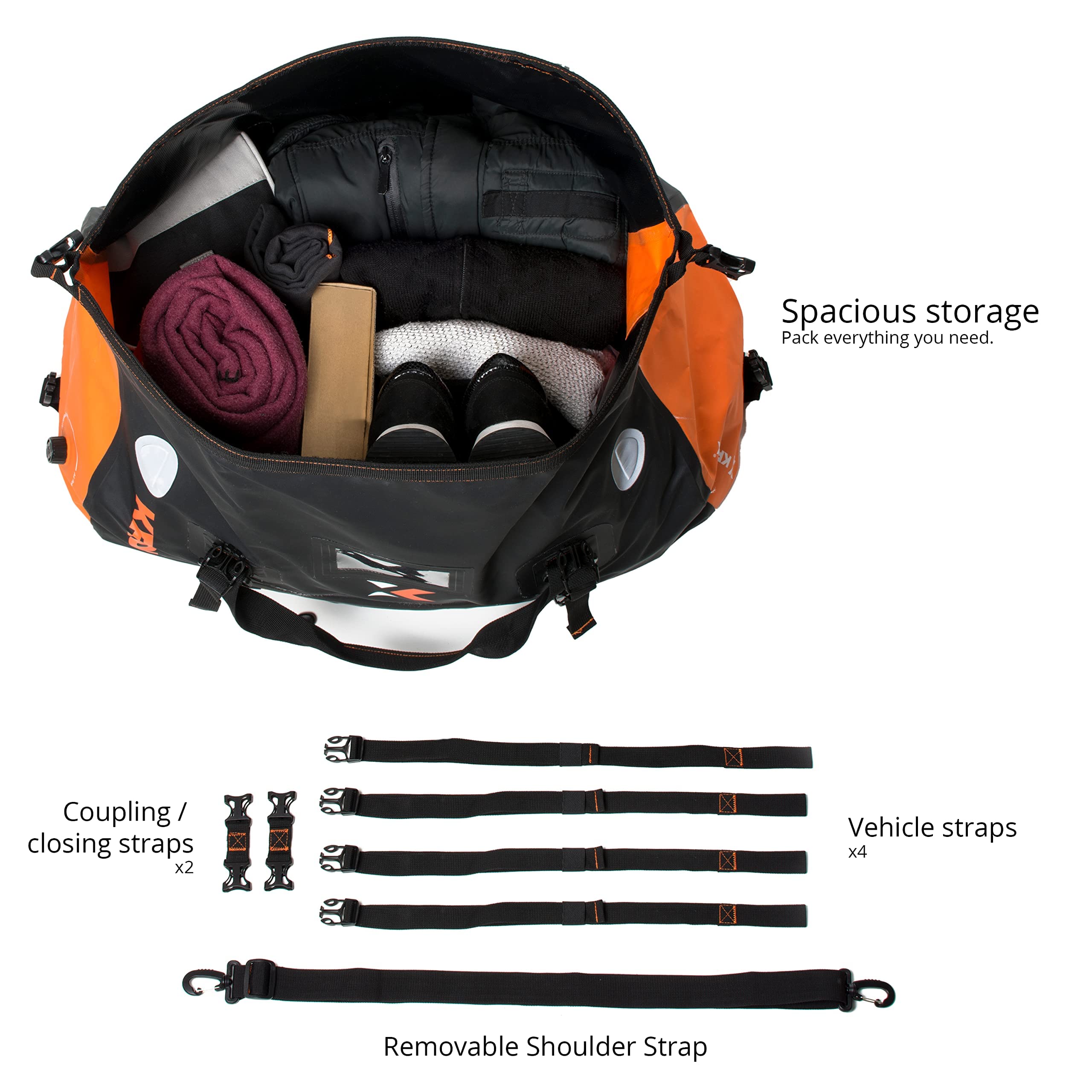 KRONOX Waterproof Duffle Bag for Motorcycle - 40L, Black & Orange, Vinyl, Model 3812-0010-40, Hook and Loop Closure