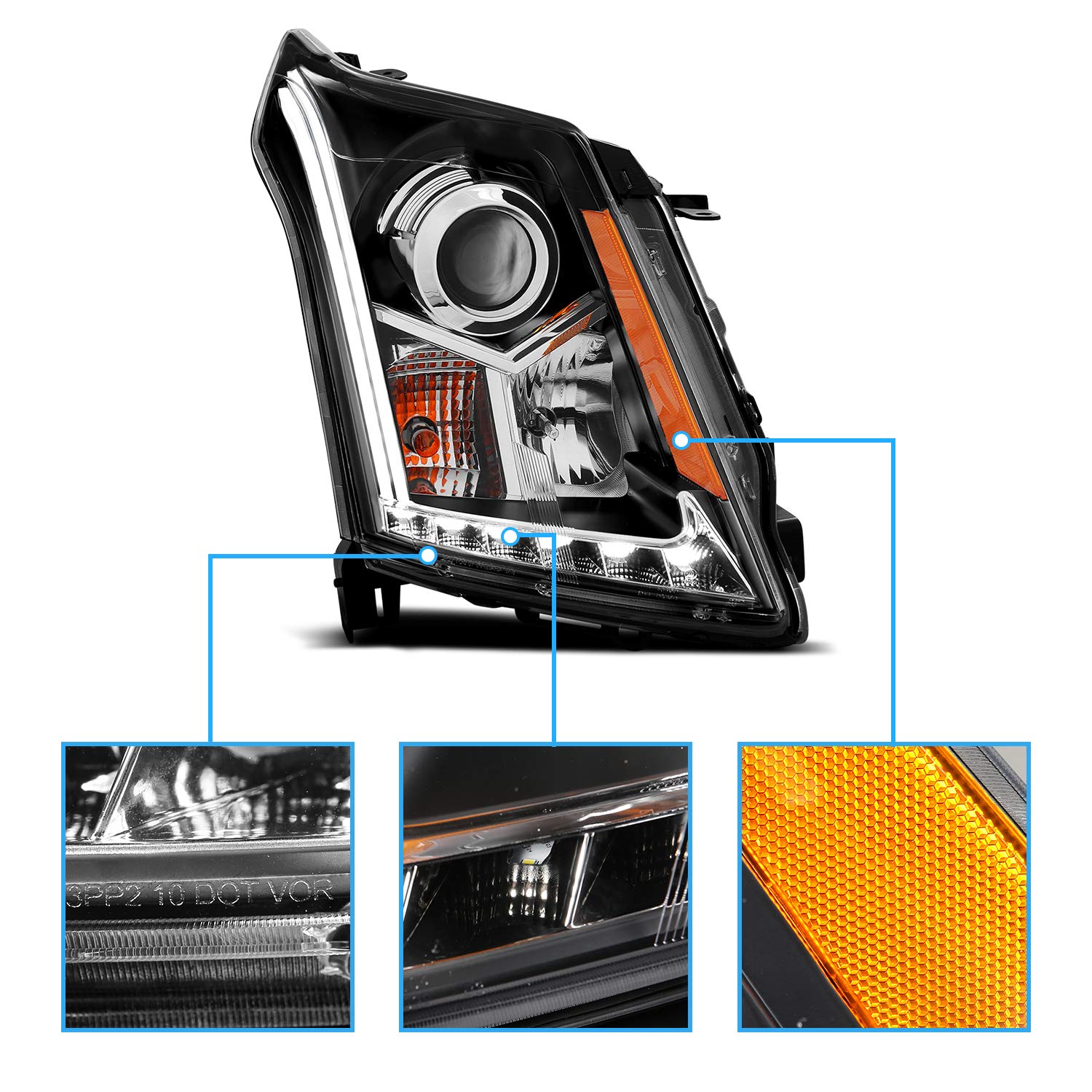 AmeriLite Black Projector Headlights Set for Cadillac SRX - LED Bar - Driver & Passenger Side