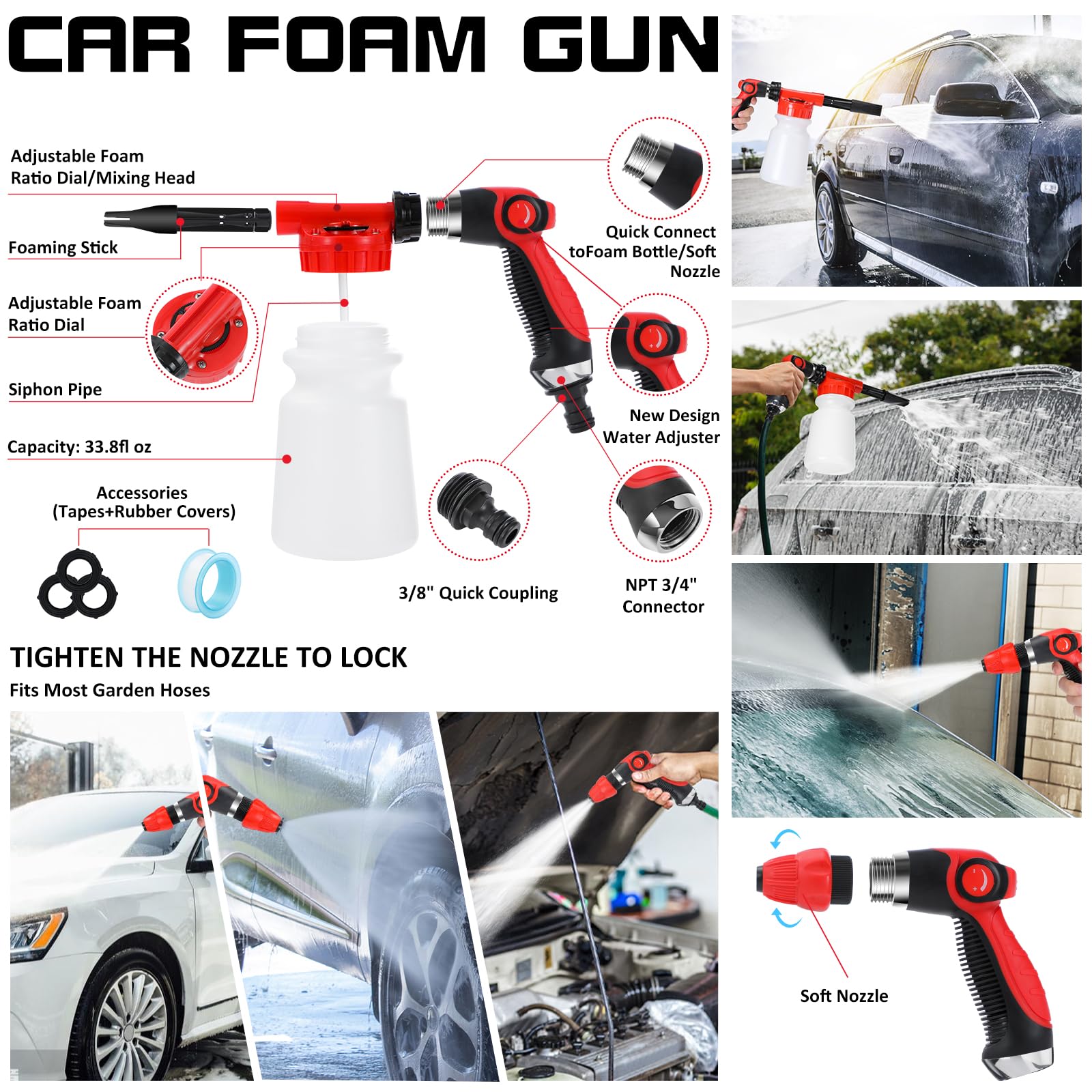 Autodeco 38Pcs Car Wash Detailing Kit Cleaning Kits With Foam Gun Sprayer Collapsible Bucket Drill Brush Large Wash Mitt Towels
