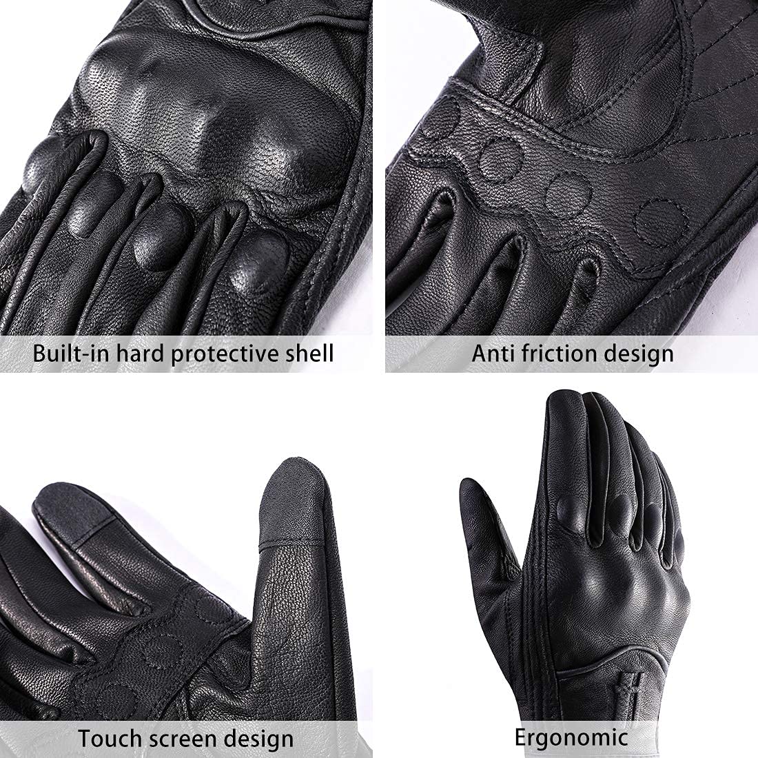 Harssidanzar Motorcycle Gloves For Men, Leather Touch Screen Riding Driving Gloves Gm028,Black, Size M