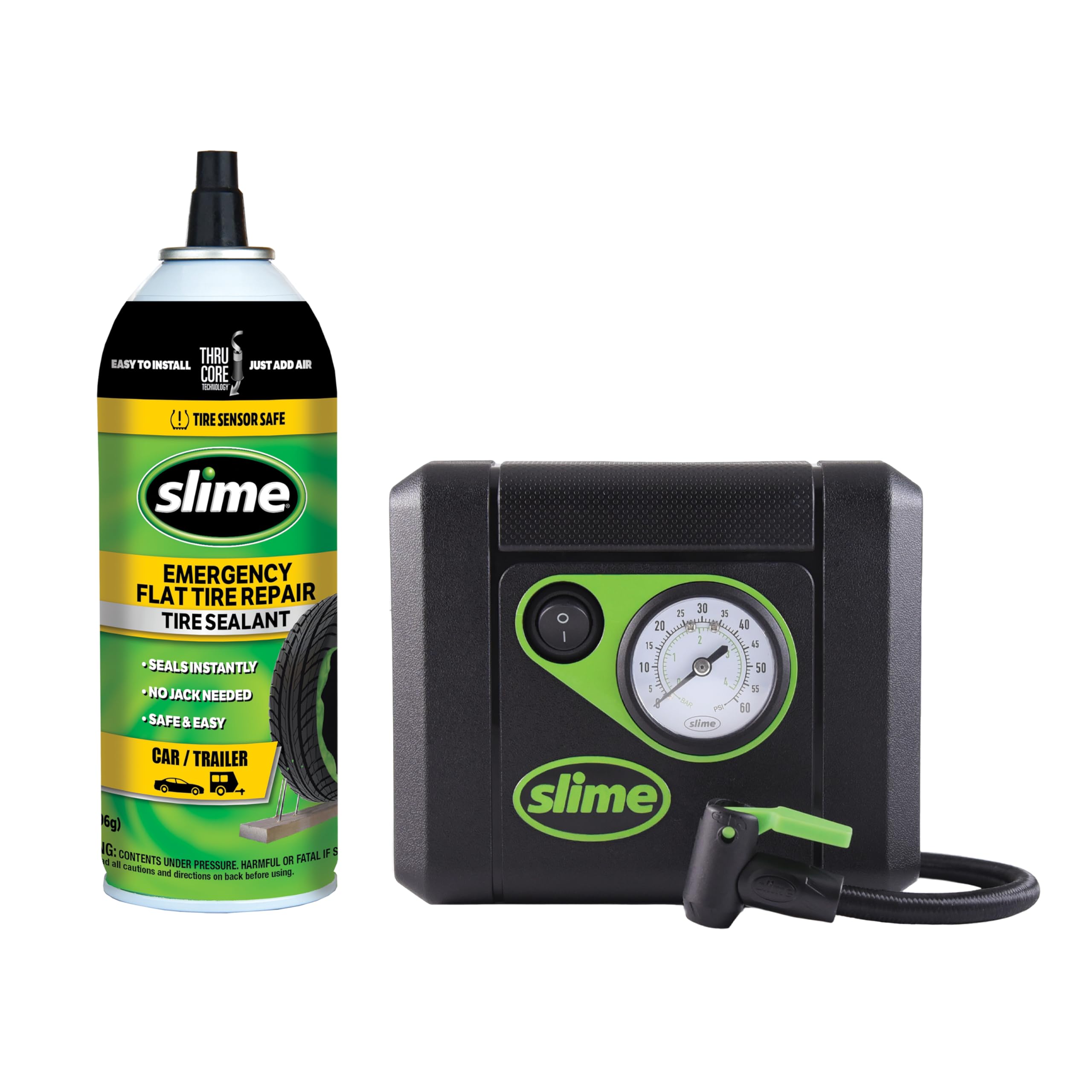 Slime 50165 Flat Tire Puncture Repair, Smart Spair Plus, Emergency Kit for Car Tires, Includes Sealant and Tire Inflator Pump, S