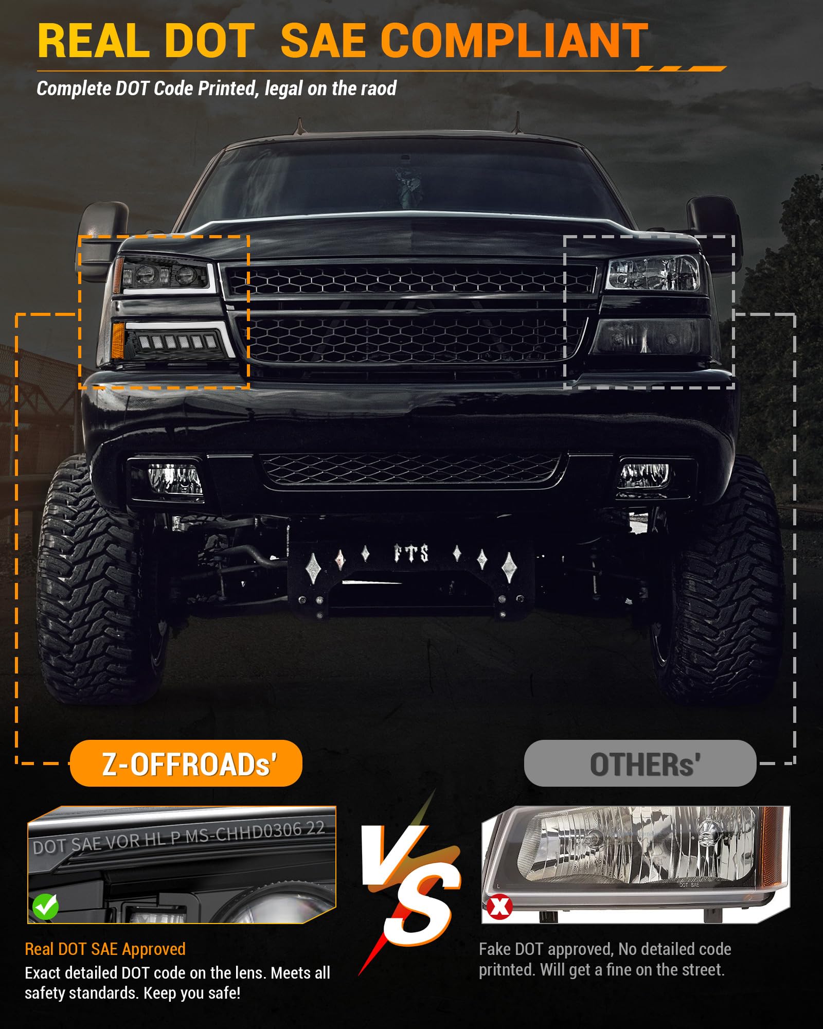 Z-OFFROAD LED Headlights Assembly, DOT Approved, DRL & Turn Signal, Hi/Low, Compatible with 2003-2006 Chevy Silverado, Black, Model SJ-0306CH