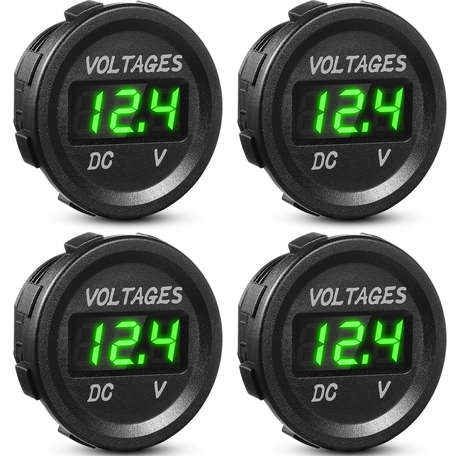 Frienda 4 Pieces DC 12V Car Voltage Gauge LED Display Waterproof Voltmeter Digital Round Panel Voltmeter Compatible with Vehicle