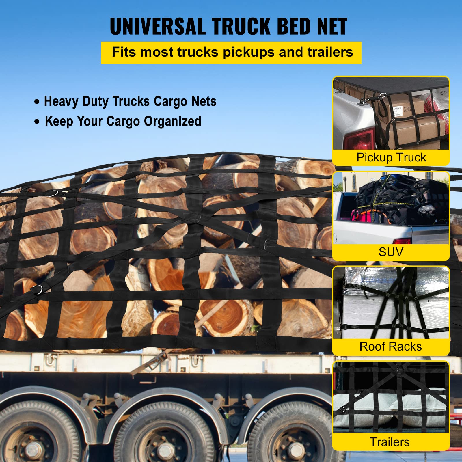 VEVOR 4.2' x 5.5' Cargo Net with Cam Buckles & S-Hooks, Cross Strap Truck Bed Cargo Net 50 x 66, Heavy Duty Cargo Nets Capac