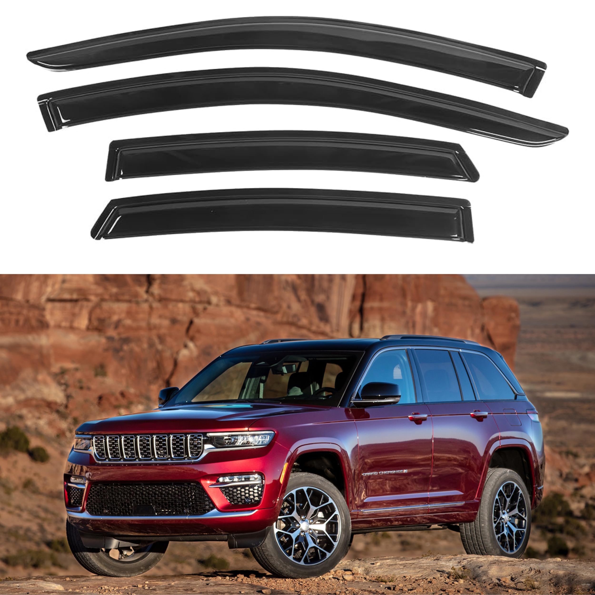 KPY Window Visor Compatible with Jeep Grand Cherokee 2022-2024, Rain Guard Window Vent Deflectors Tape-On Style, 2022 2023 2024 