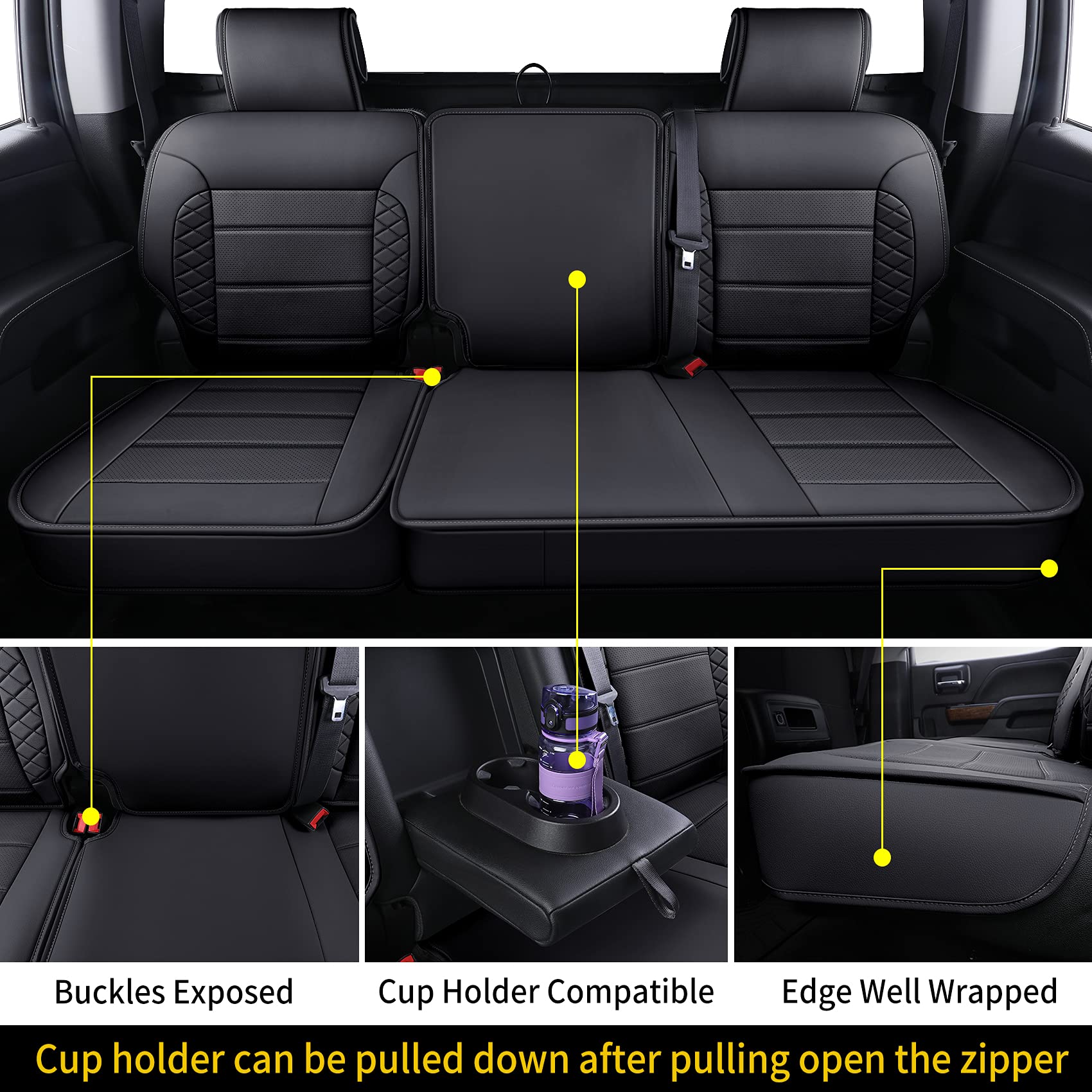 Luckyman Club D04-S2-2 Silverado Seat Covers, Fit For 2019-2023 Chevy Silverado Gmc Sierra 1500 And 2020-2023 2500Hd 3500Hd Crew Cab Water Proof Faux Leather With Center Console Cover(Full Set, Black)