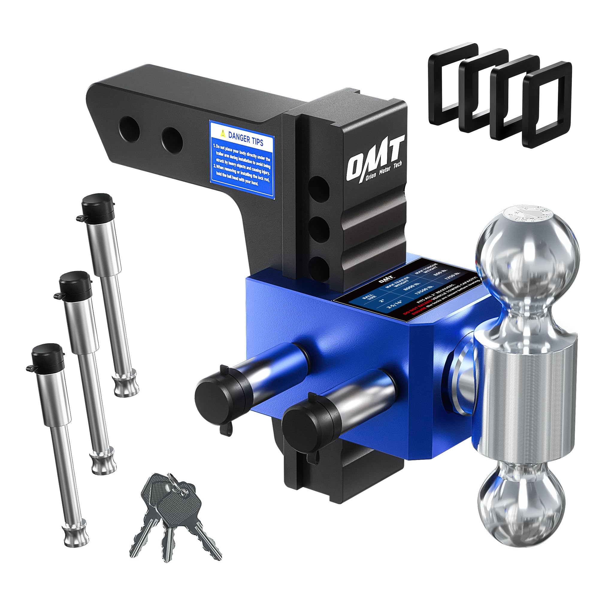 Orion Motor Tech Adjustable Trailer Hitch, Heavy Duty Drop Hitch 2 inch Receiver, 6 Drop & Rise Hitch with 2 & 2-5/16 Balls, 360