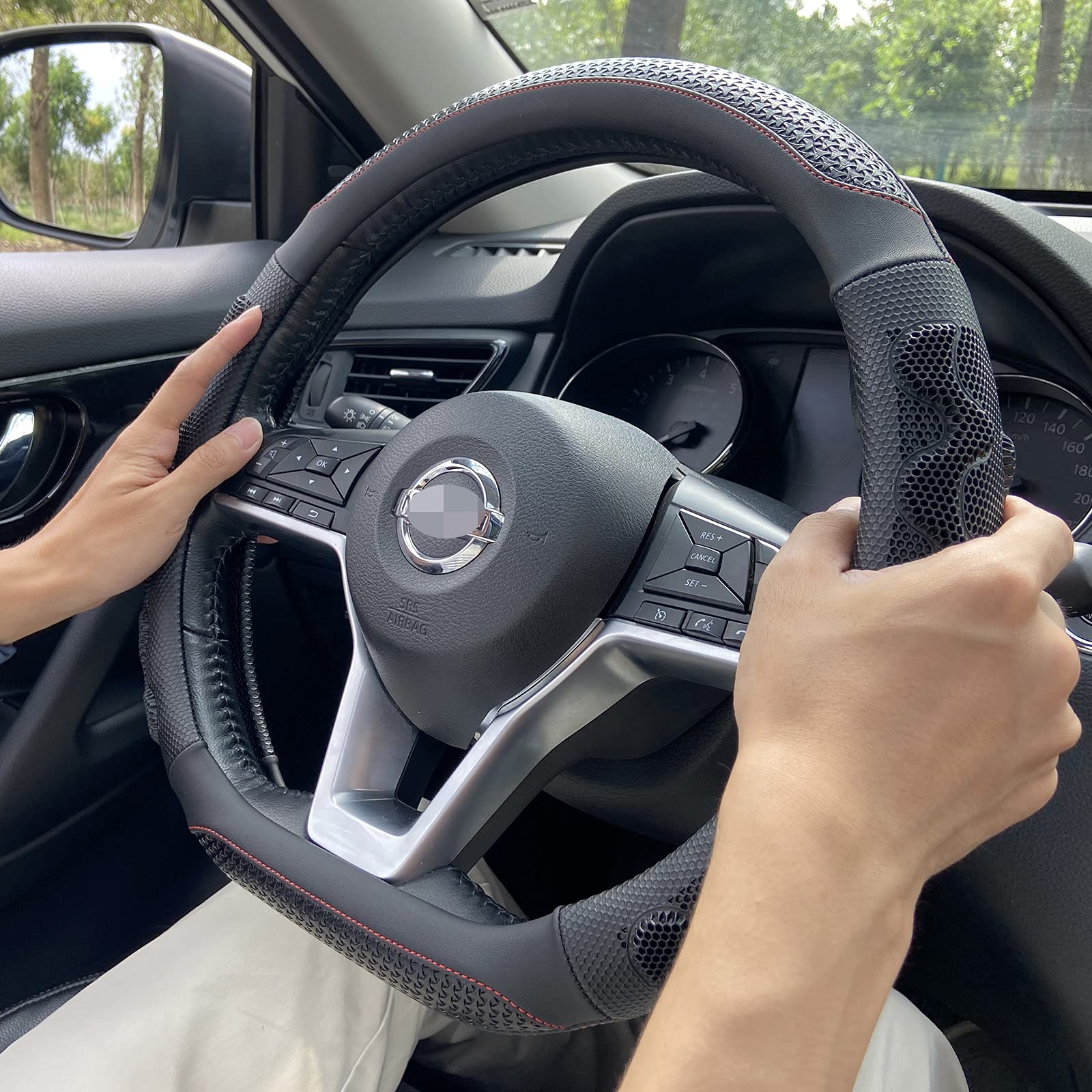 Pinctrot D Shaped 14.5-15 Inch Steering Wheel Cover Great Grip With 3D Honeycomb Anti-Slip Design, Flat Bottom 14.5-15 Inch (Black/Red Stitch)