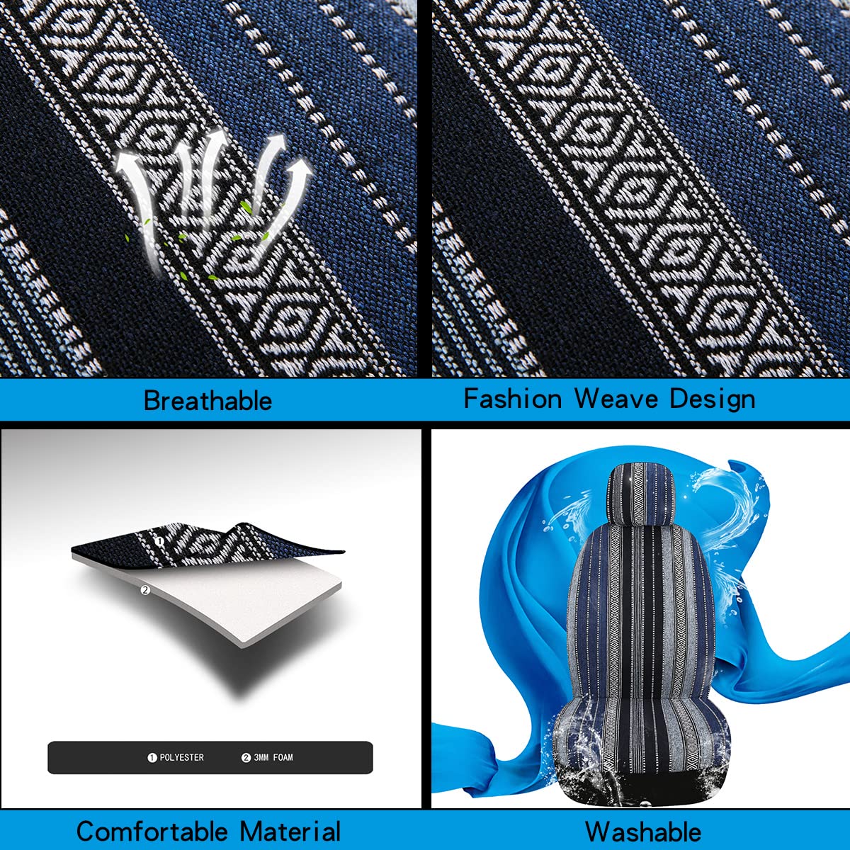 PONYJOYUP Baja Saddle Blanket Car Seat Covers 9PCS Full Set, Breathable Washable Striped for Sedan SUV Truck - Blue Baja