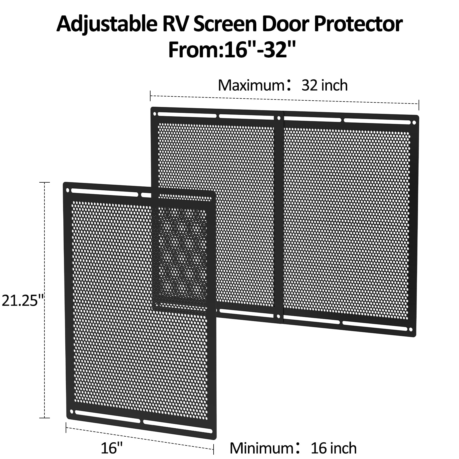 Kessainely RV Screen Door Grille, Adjustable 16-31" Width, 21.26" Height, Black Metal Protector, Model Rv Screen Door 0021