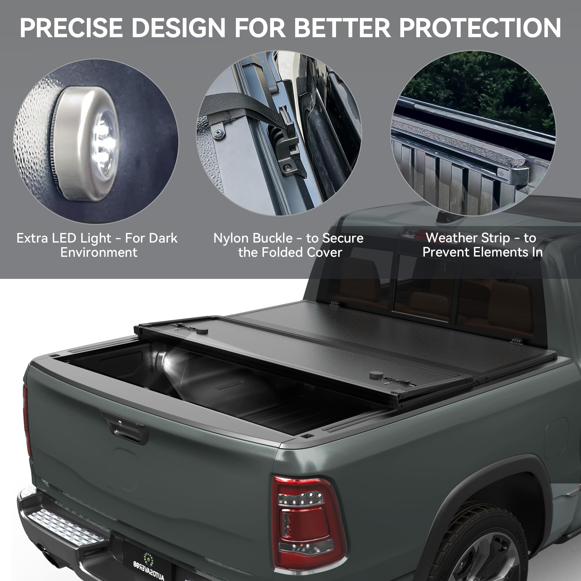 AUTOSAVER88 FRP Hard Tri-fold Tonneau Cover for Dodge Ram 1500 5.7ft Bed, Black, Model MAAUTLHByl