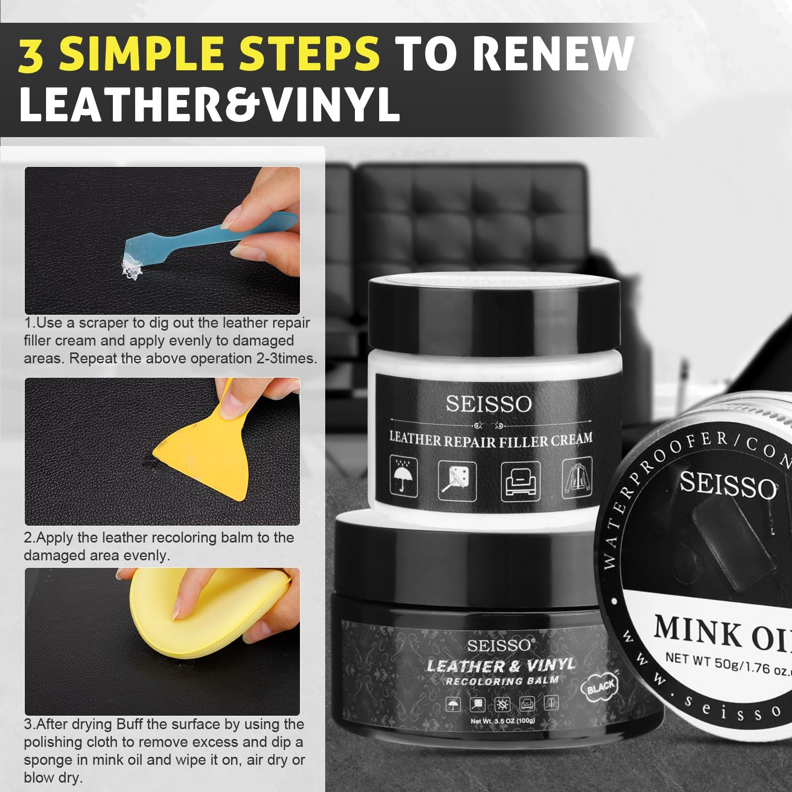 SEISSO Leather Repair Kit for Furniture, Black Vinyl Repair Kit with Mink Oil, Car Interior Leather Recoloring Balm for Scratche