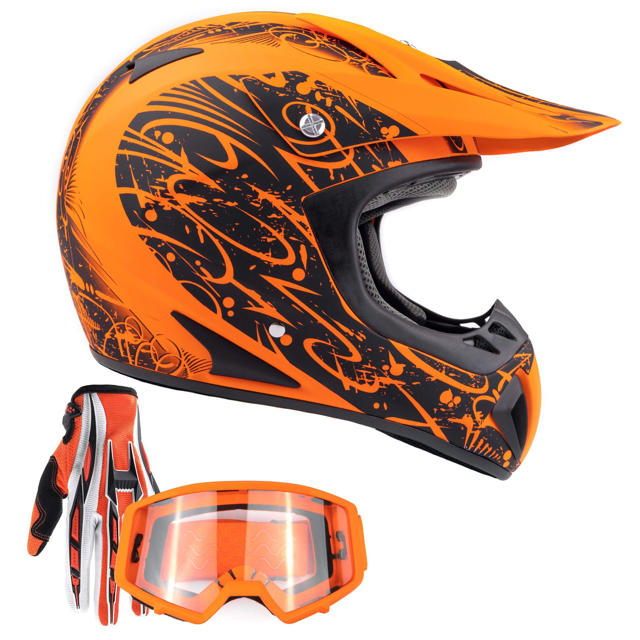 Typhoon Adult Atv Mx Helmet Goggles Gloves Gear Combo Matte Orange W/ Orange ( Medium )